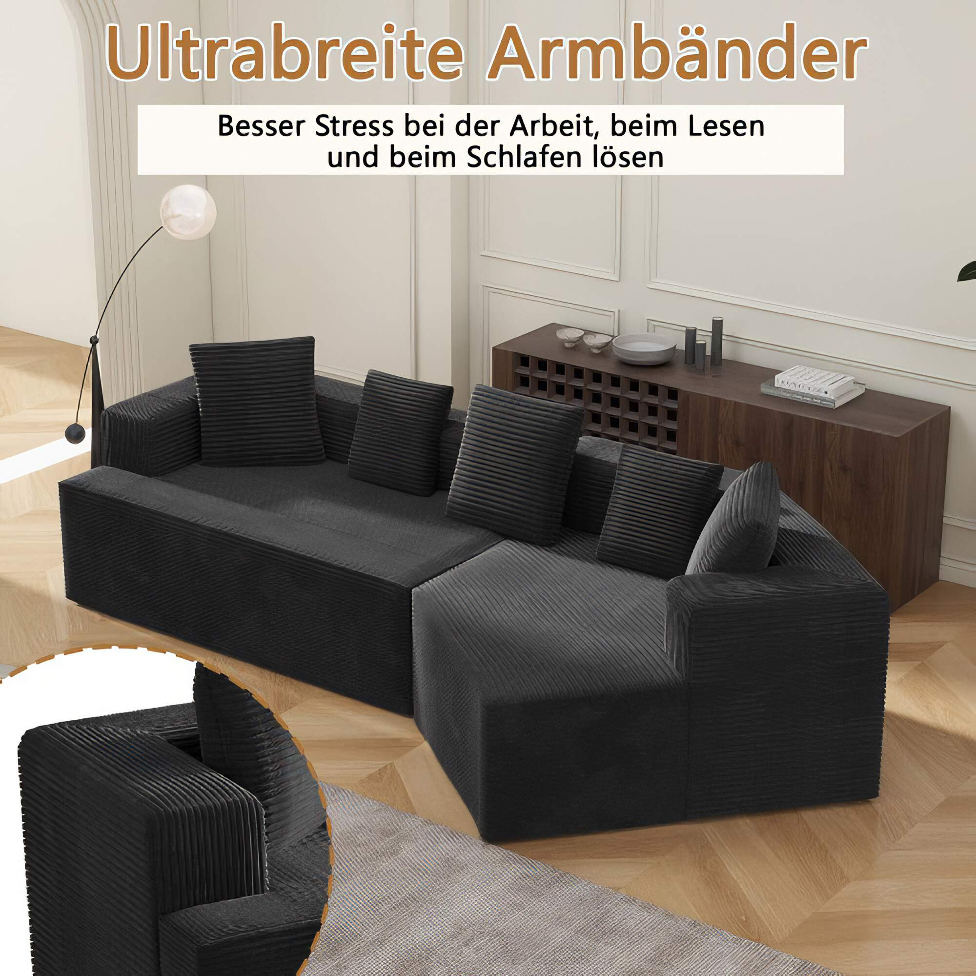 Schwarzes Sofa mit Kissen. Text sagt 'Breite Armbänder' und über Stressabbau.