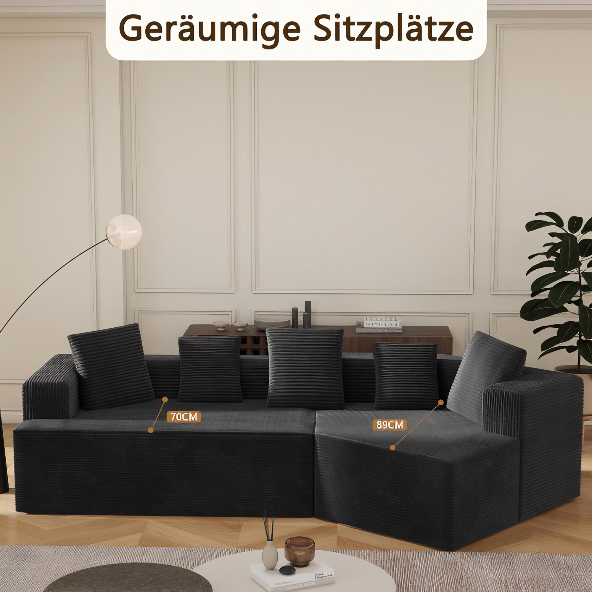 Schwarzes Ecksofa mit Kissen. Abmessungen des Sofas werden in Zentimetern angezeigt.