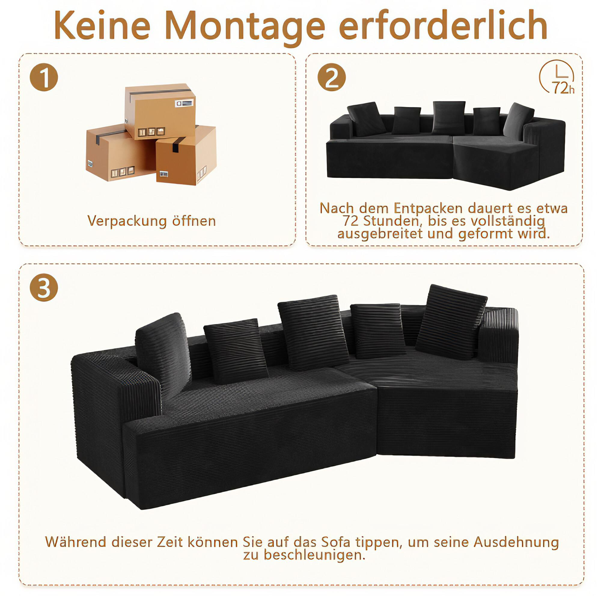 Schritte zur Montage eines schwarzen Ecksofas. Kartons, Auspacken, Warten und Formen werden gezeigt.