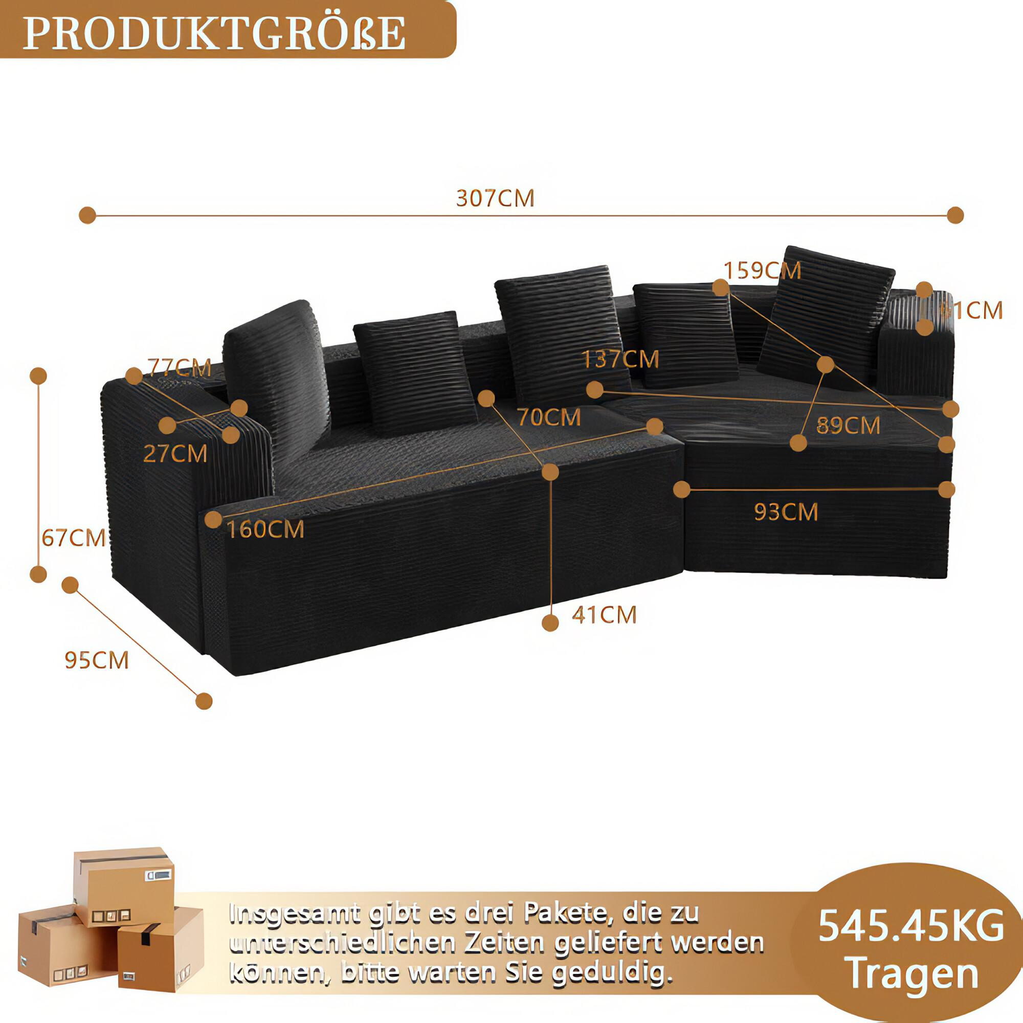 Abmessungen eines schwarzen Ecksofas mit Kissen, einschließlich Gesamtgewicht und Paketanzahl.