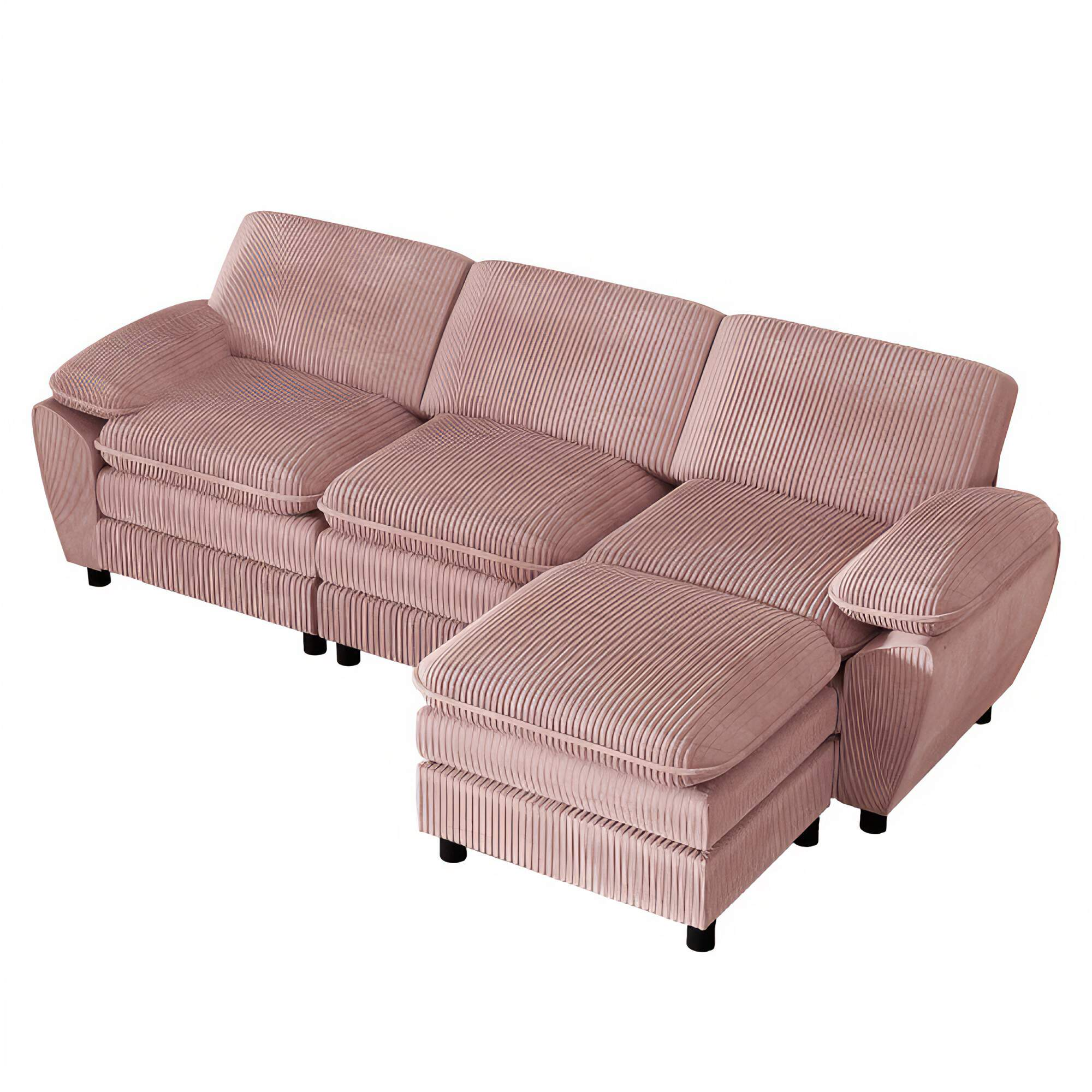 Ein rosa Cord-Ecksofa auf weißem Hintergrund.