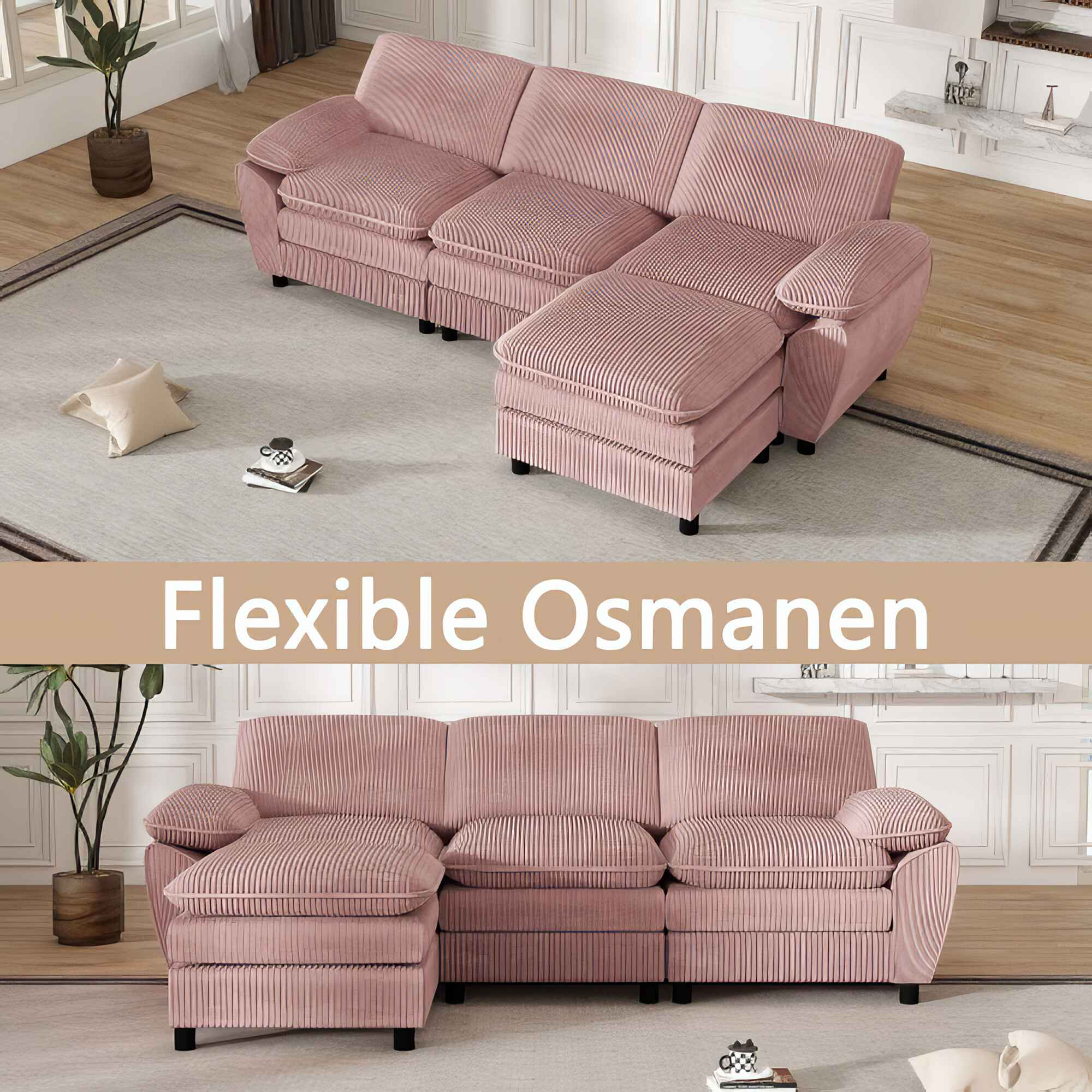 Ein rosa Cord-Ecksofa in zwei verschiedenen Umgebungen.