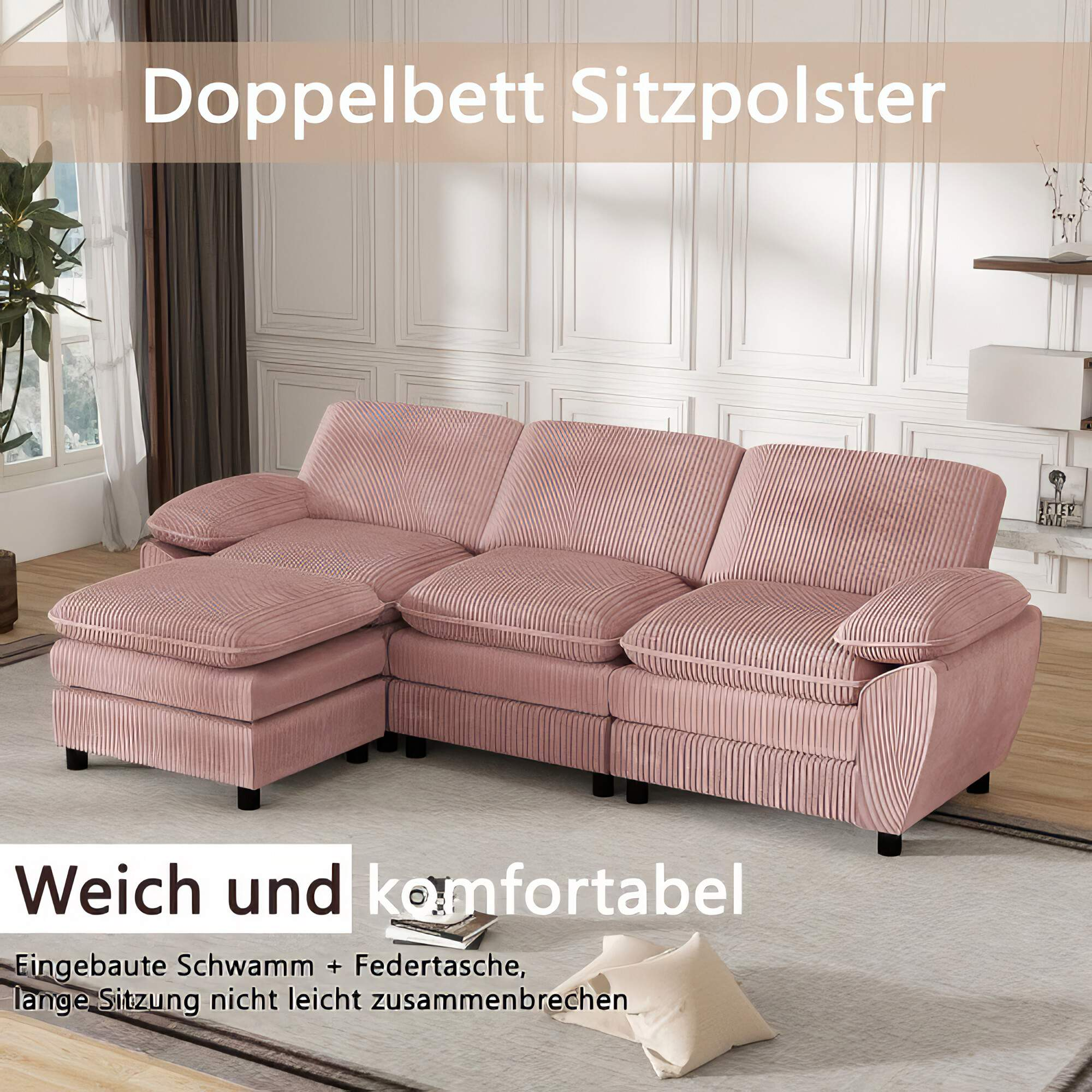 Ein rosa Cord-Ecksofa mit deutschem Text: 'Doppelbett Sitzpolster'.