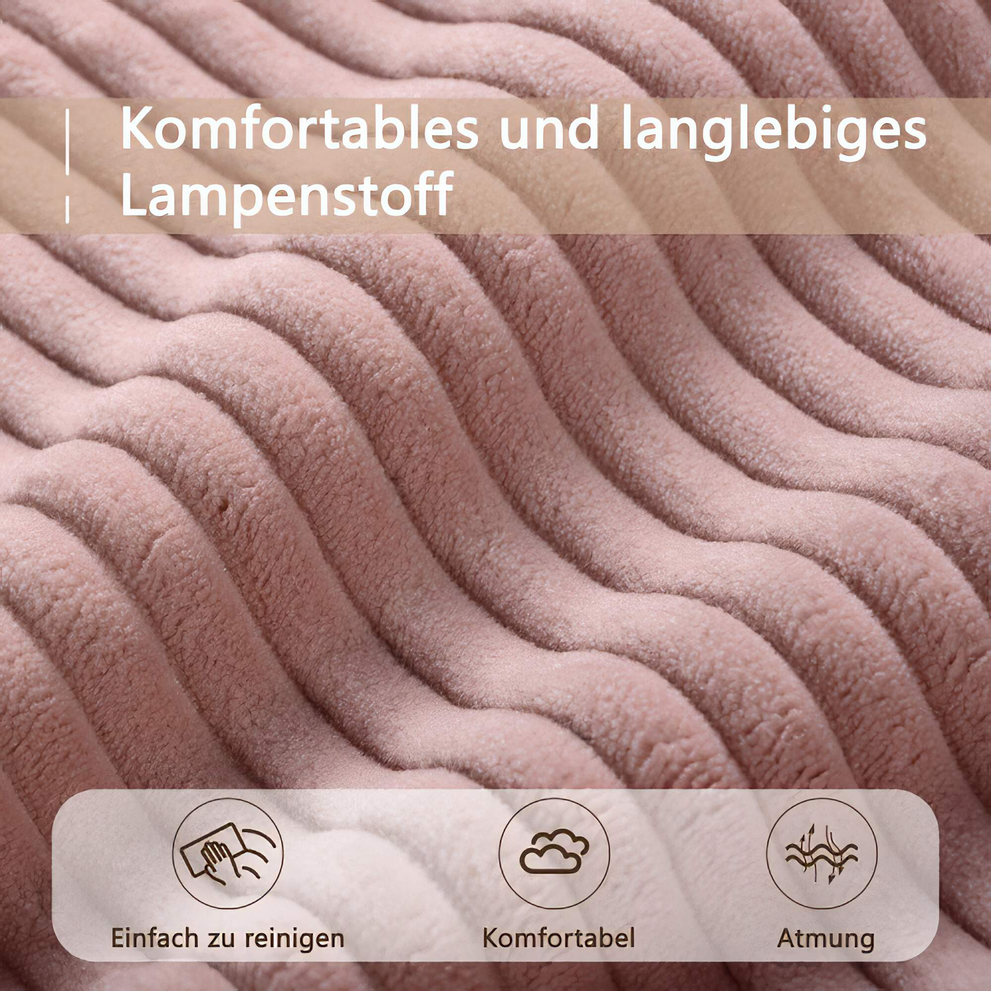 Nahaufnahme von rosa Cord mit deutschem Text: 'Komfortables und langlebiges Lampenstoff'.
