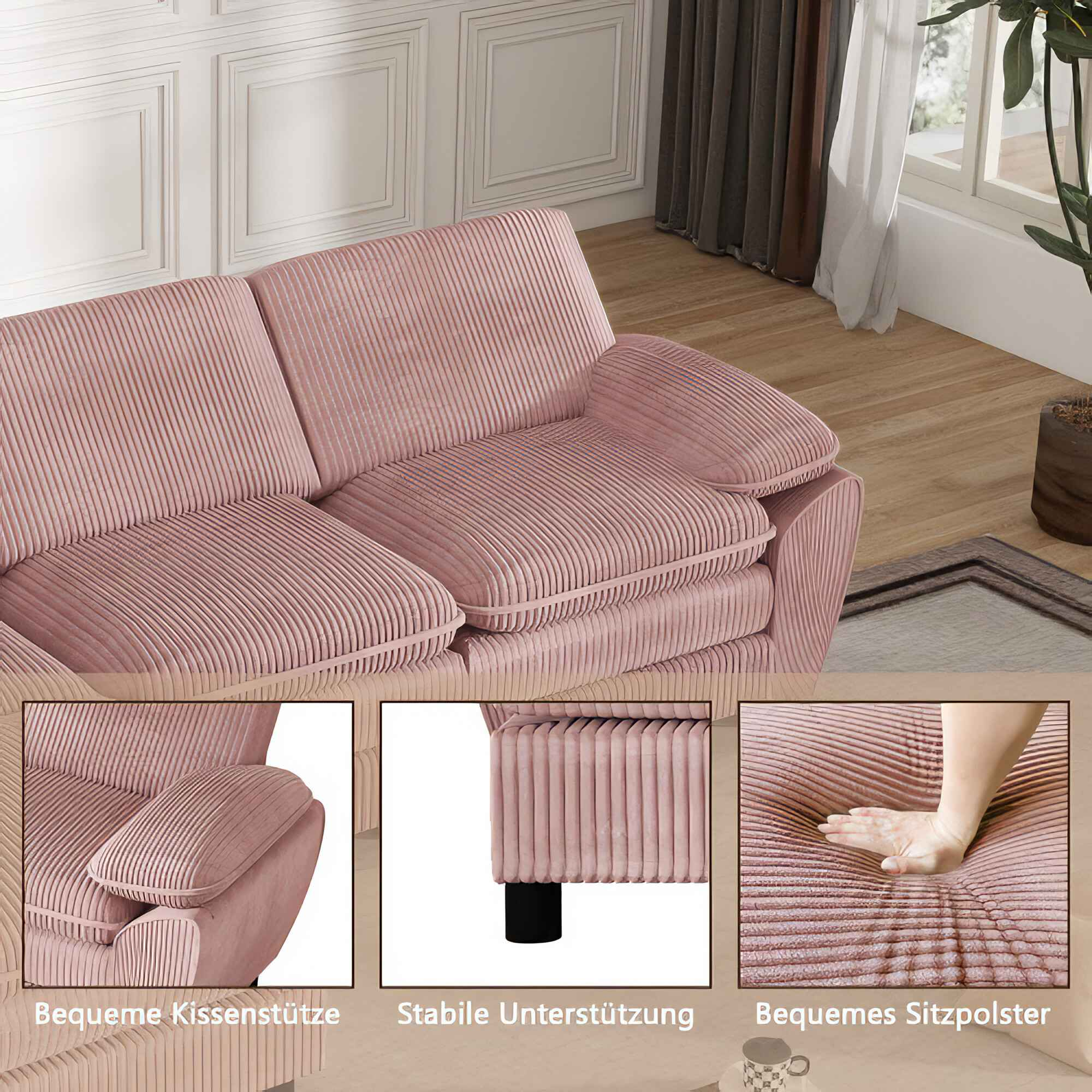 Nahaufnahme eines rosa Cord-Ecksofas mit Detailaufnahmen, die Merkmale zeigen.