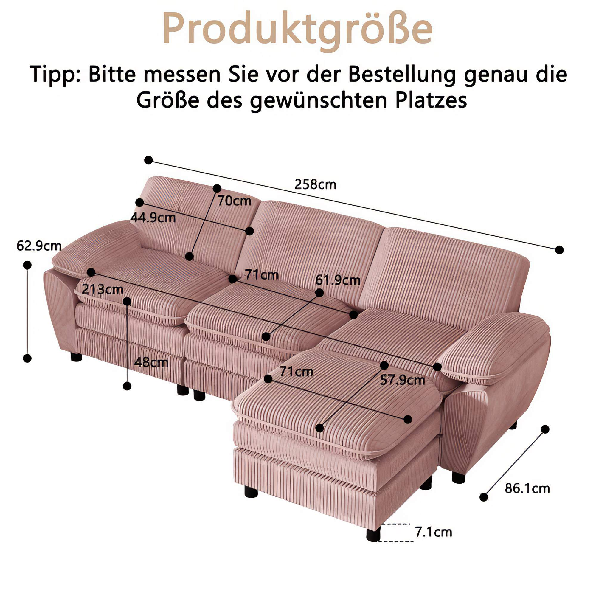 Ein rosa Cordsofa mit Maßen, einschließlich Länge und Breite.
