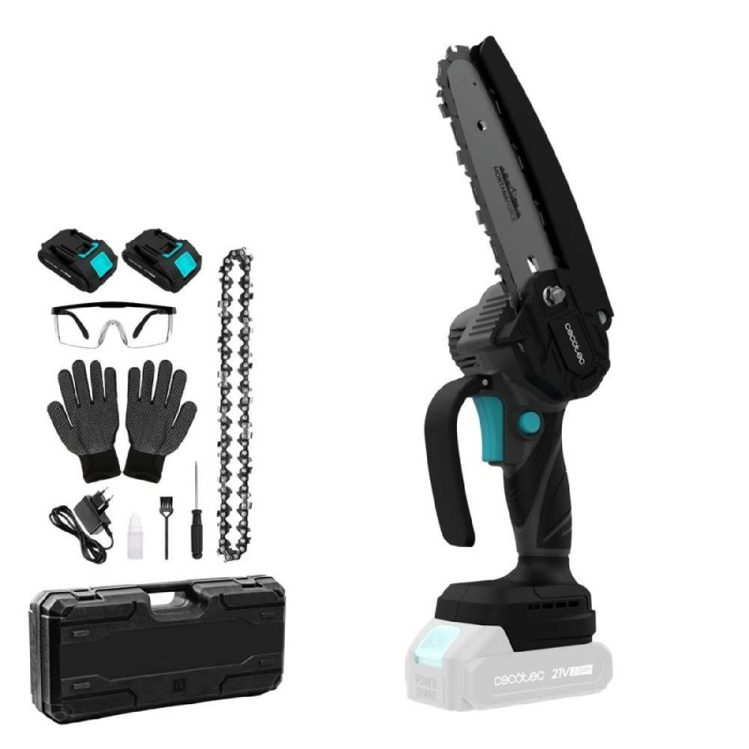 Una motosierra con accesorios, incluyendo baterías, guantes y una funda.