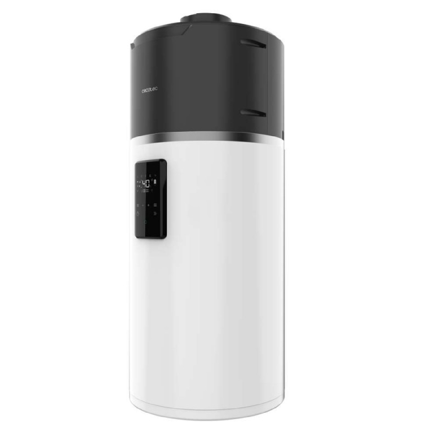 Un calentador de agua blanco con tapa negra y pantalla digital.