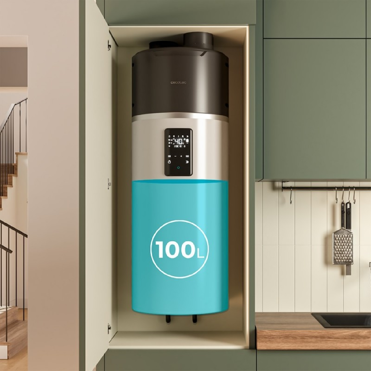Un calentador de agua instalado en un armario de cocina, con un letrero de capacidad de 100L.