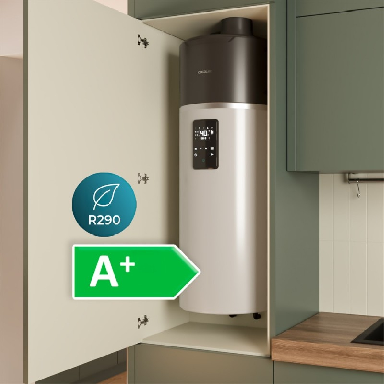 Un calentador de agua con una etiqueta de eficiencia energética R290 y A+.