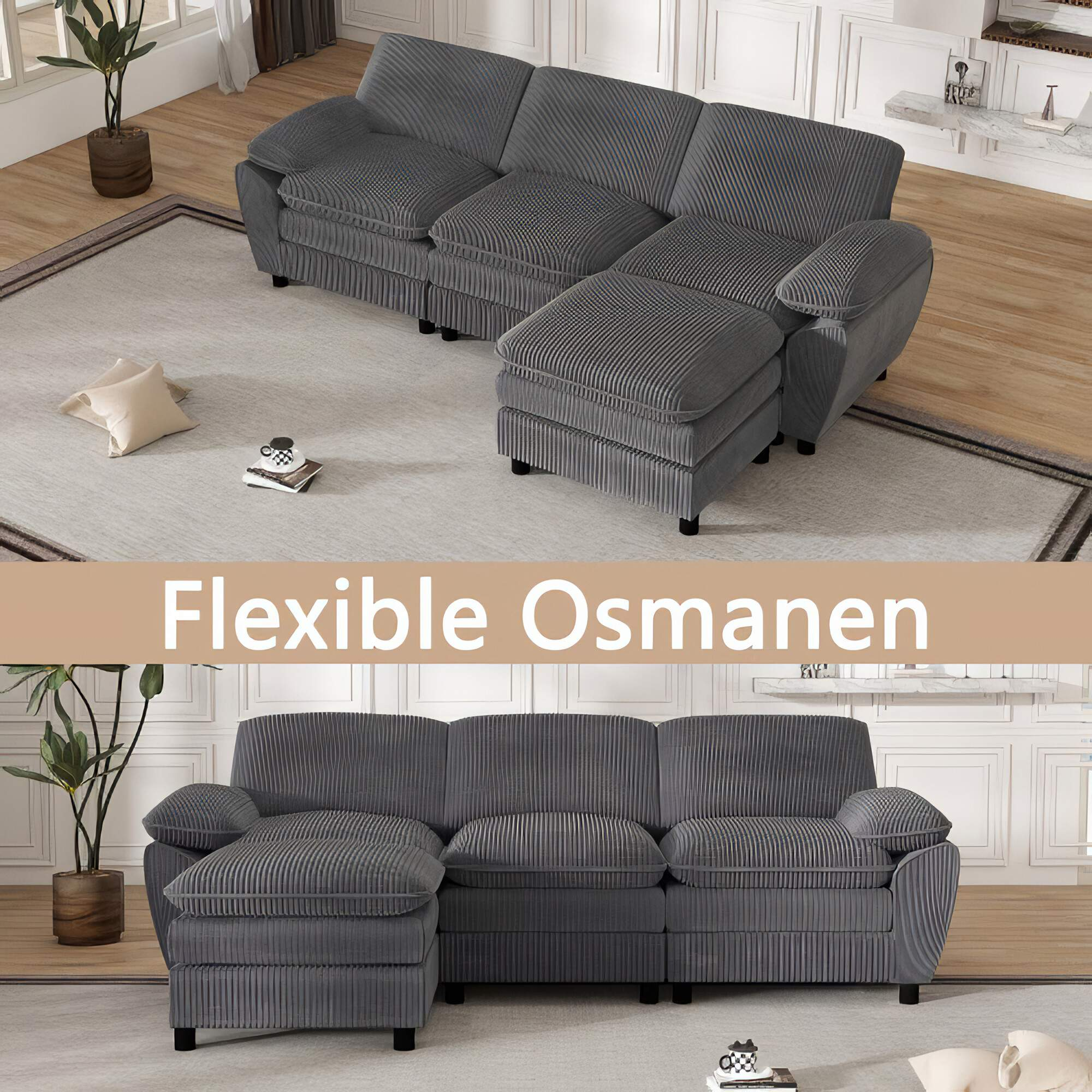 Zwei Bilder zeigen ein graues Ecksofa mit Chaiselongue. Das obere Bild zeigt das Sofa mit Teppich und Kissen. Das untere auch.