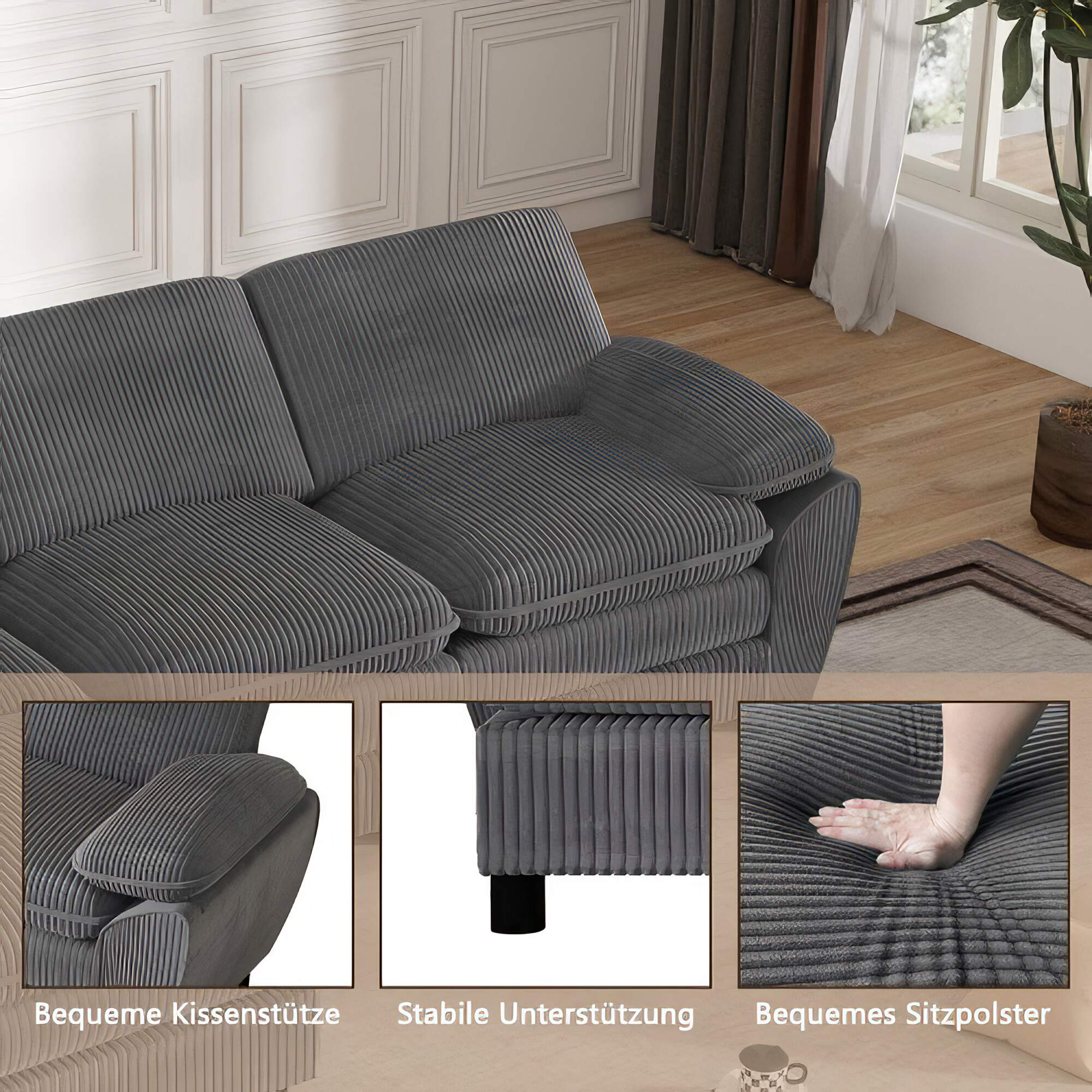 Nahaufnahme eines grauen Sofas, zeigt Kissen und Unterstützung.