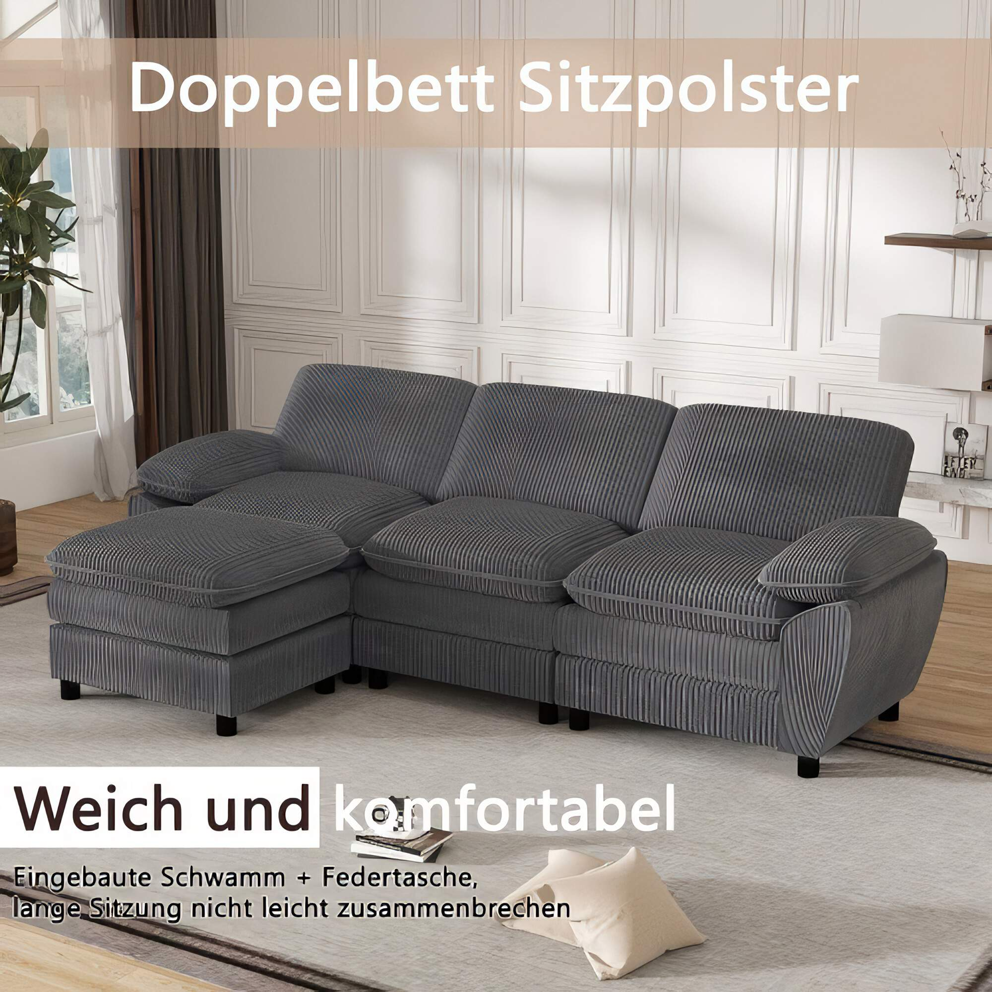 Graues Ecksofa mit Chaiselongue und Text.