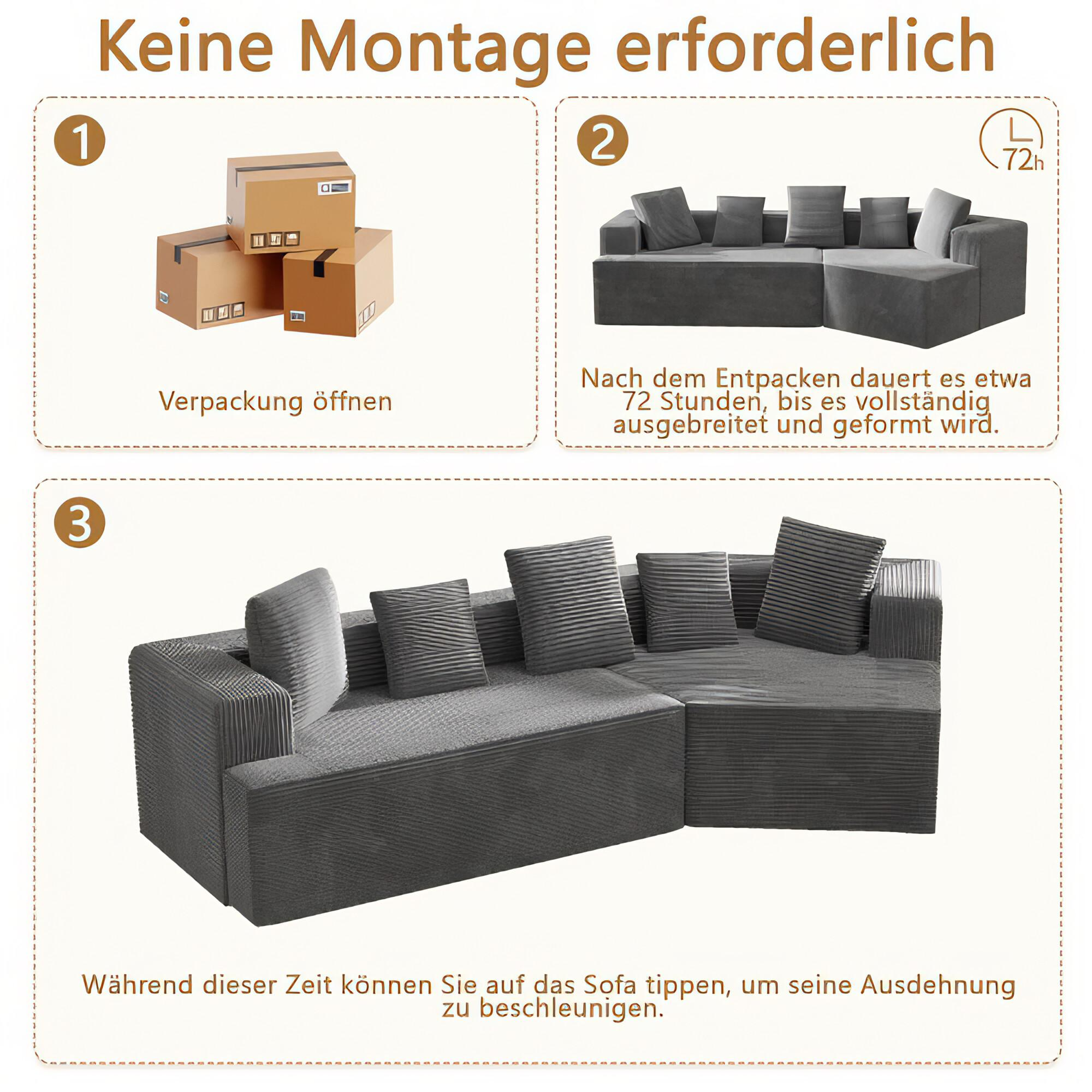 Eine Reihe von Bildern zeigt die Schritte zum Aufbau des Sofas.