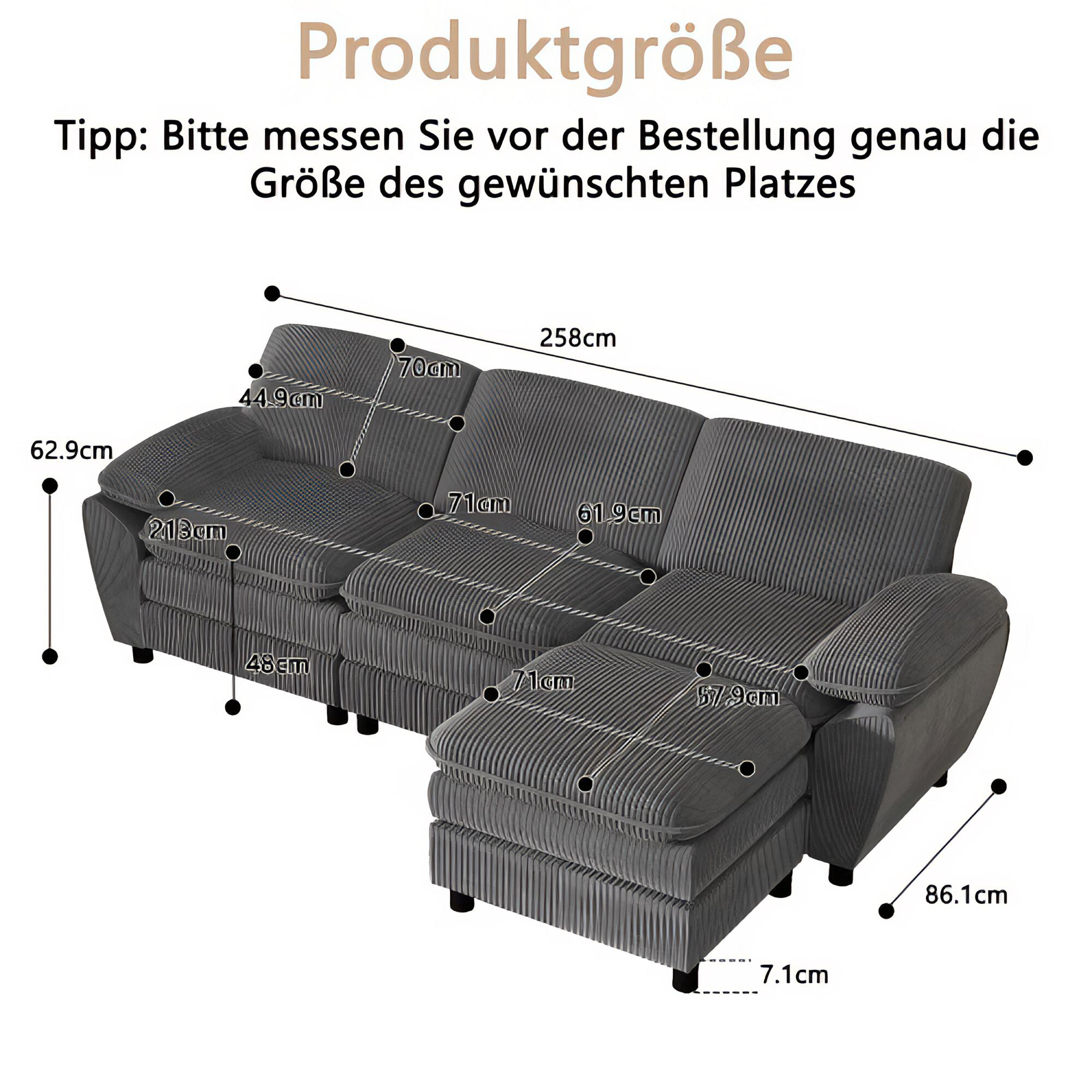Graues Ecksofa mit Maßen, beschriftet auf weißem Hintergrund. Text auf Deutsch oben.