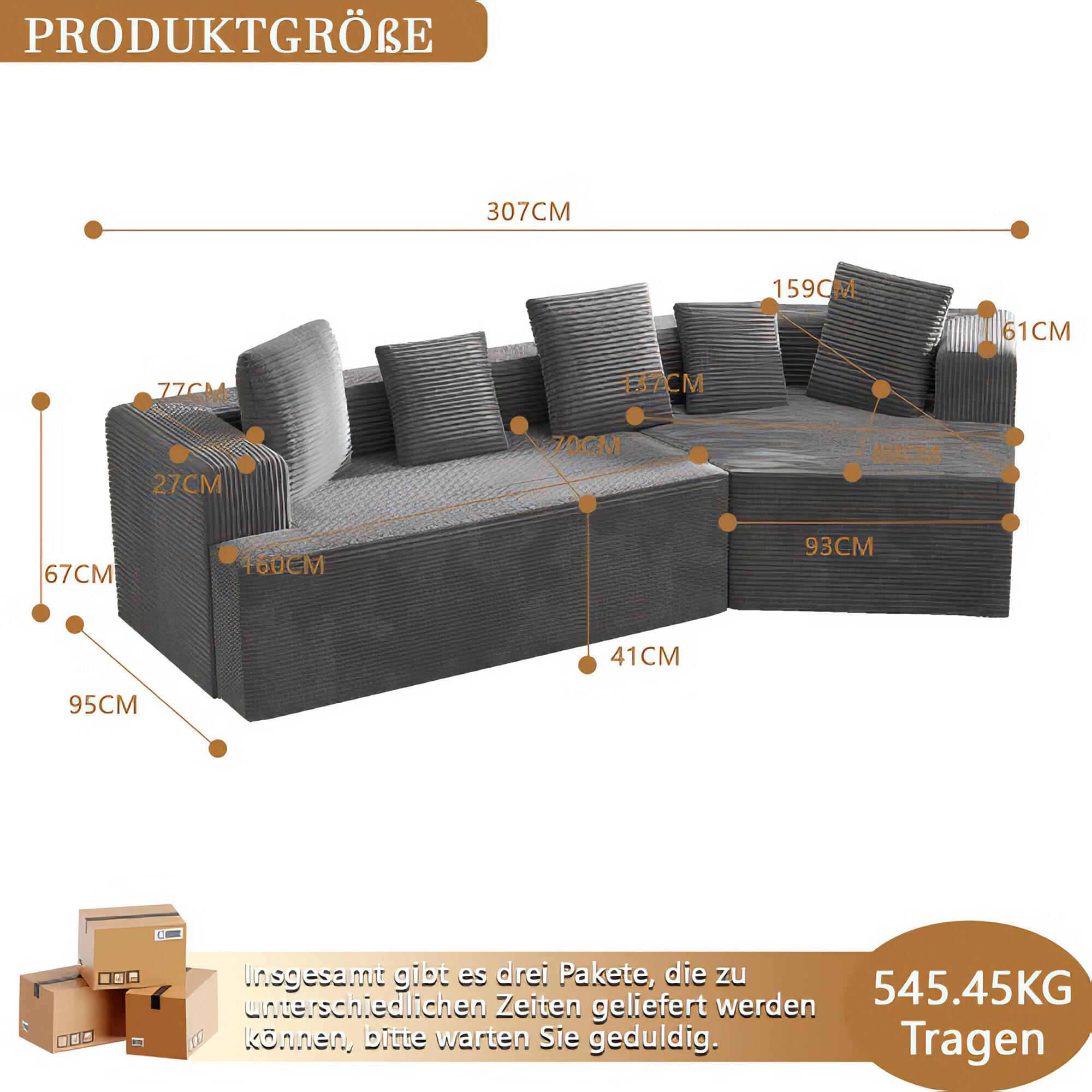 Graues Ecksofa mit Maßen und Text auf Deutsch oben. Kartons links.