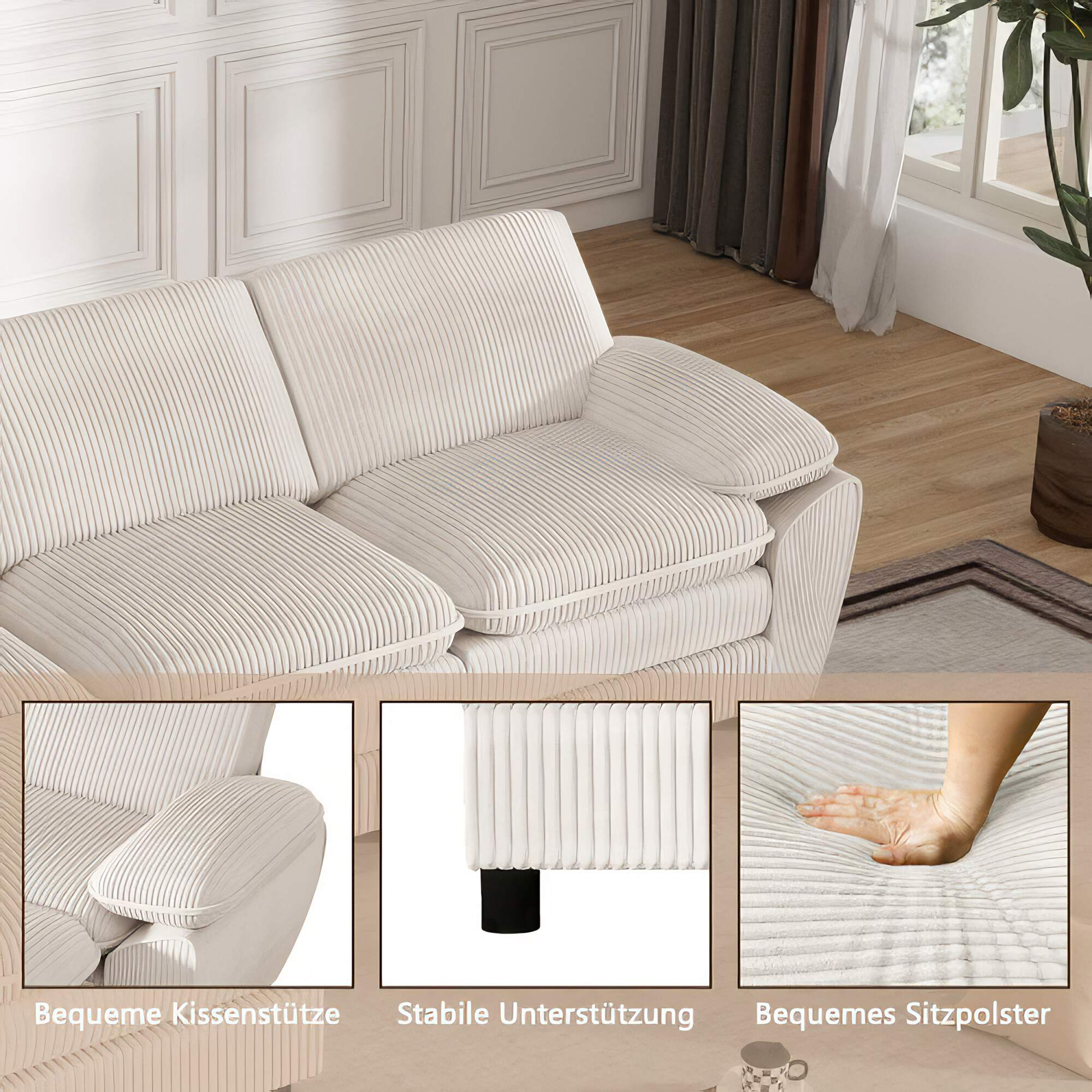 Ein cremefarbenes Cord-Sofa mit drei Detailaufnahmen von Armlehne, Beinen und Polsterung.