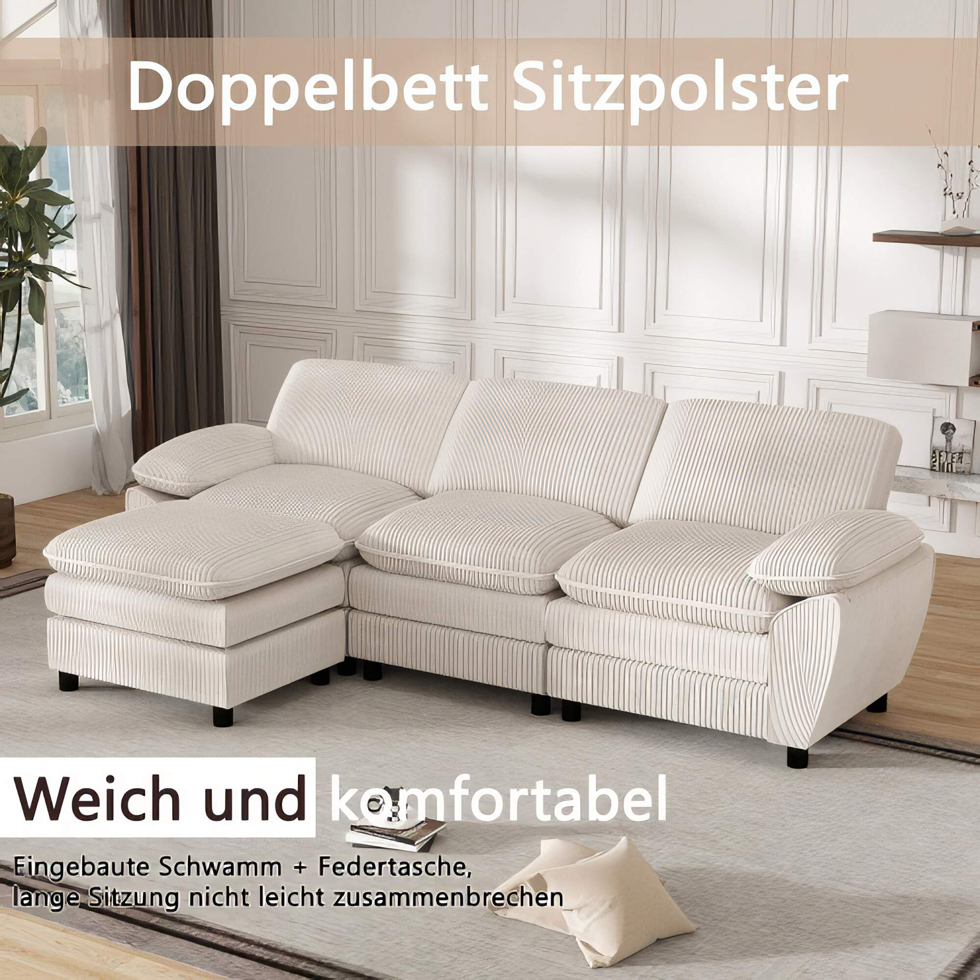 Weißes Ecksofa mit Chaiselongue und Text.
