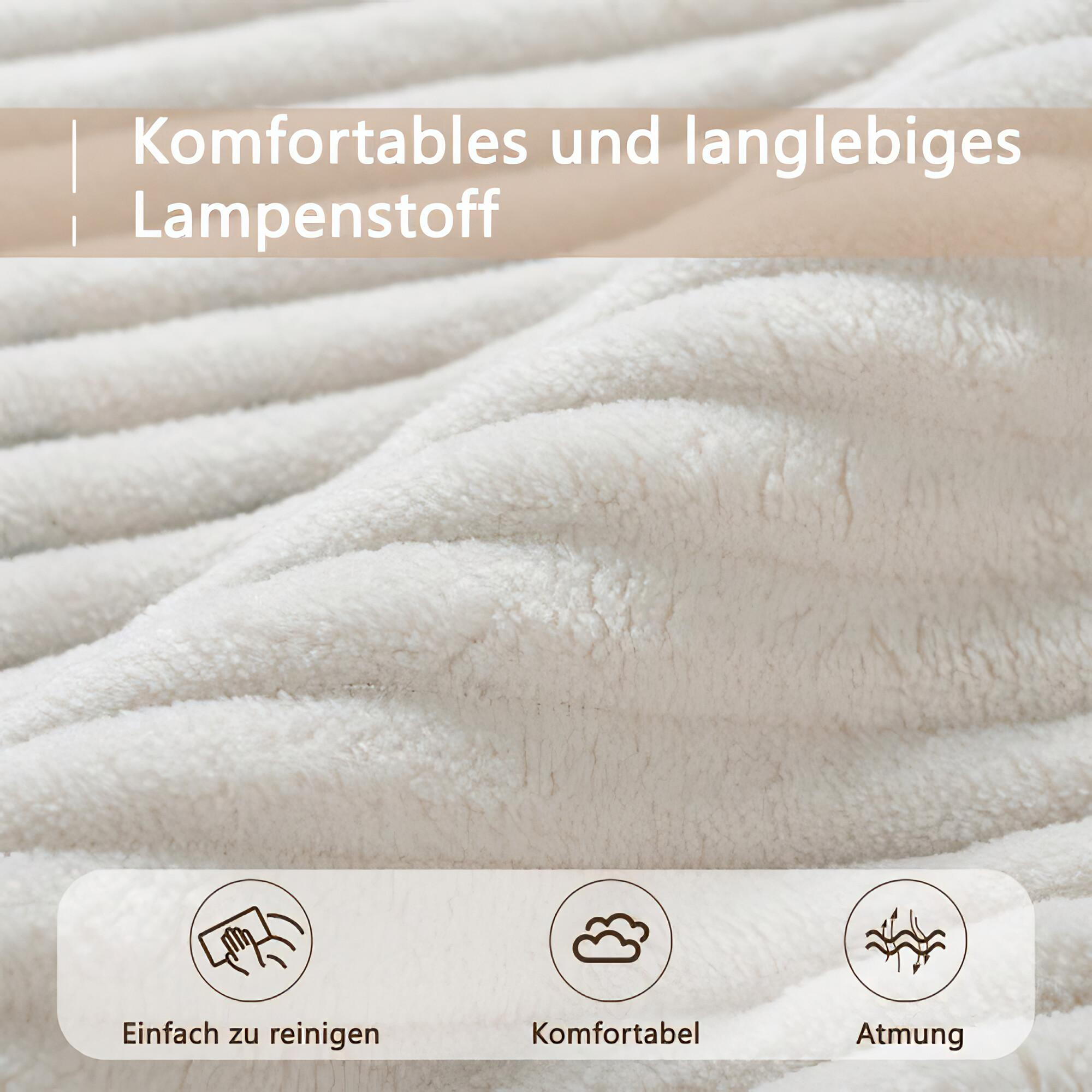 Nahaufnahme von weichem, weißem Cordstoff. Die Texte 'Leicht zu reinigen', 'Bequem' und 'Atmungsaktiv' stehen unten.