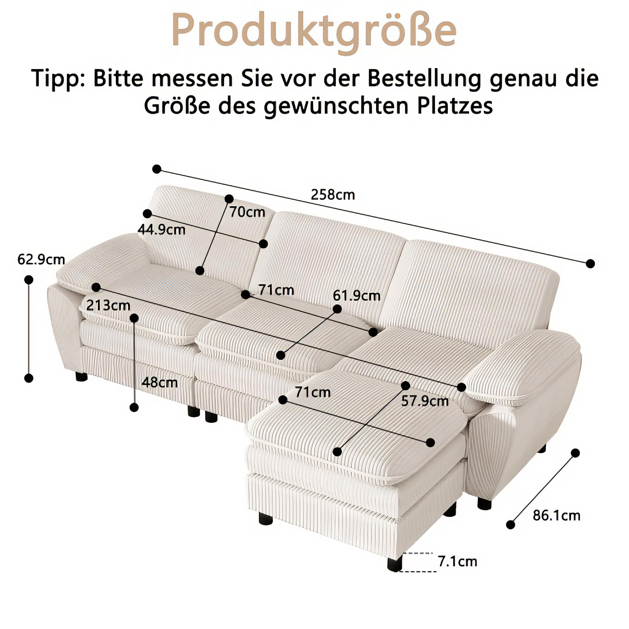 Diagramm eines cremefarbenen Ecksofas mit Maßen in Zentimetern, vor weißem Hintergrund platziert.