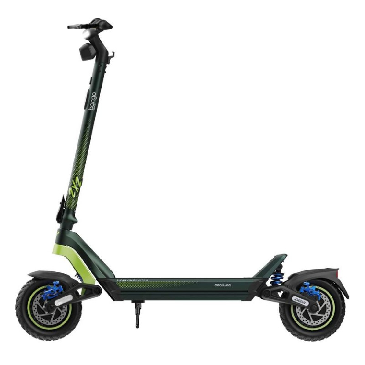 Scooter eléctrico verde y negro. Tiene dos ruedas, un faro y la marca 'bongo'.