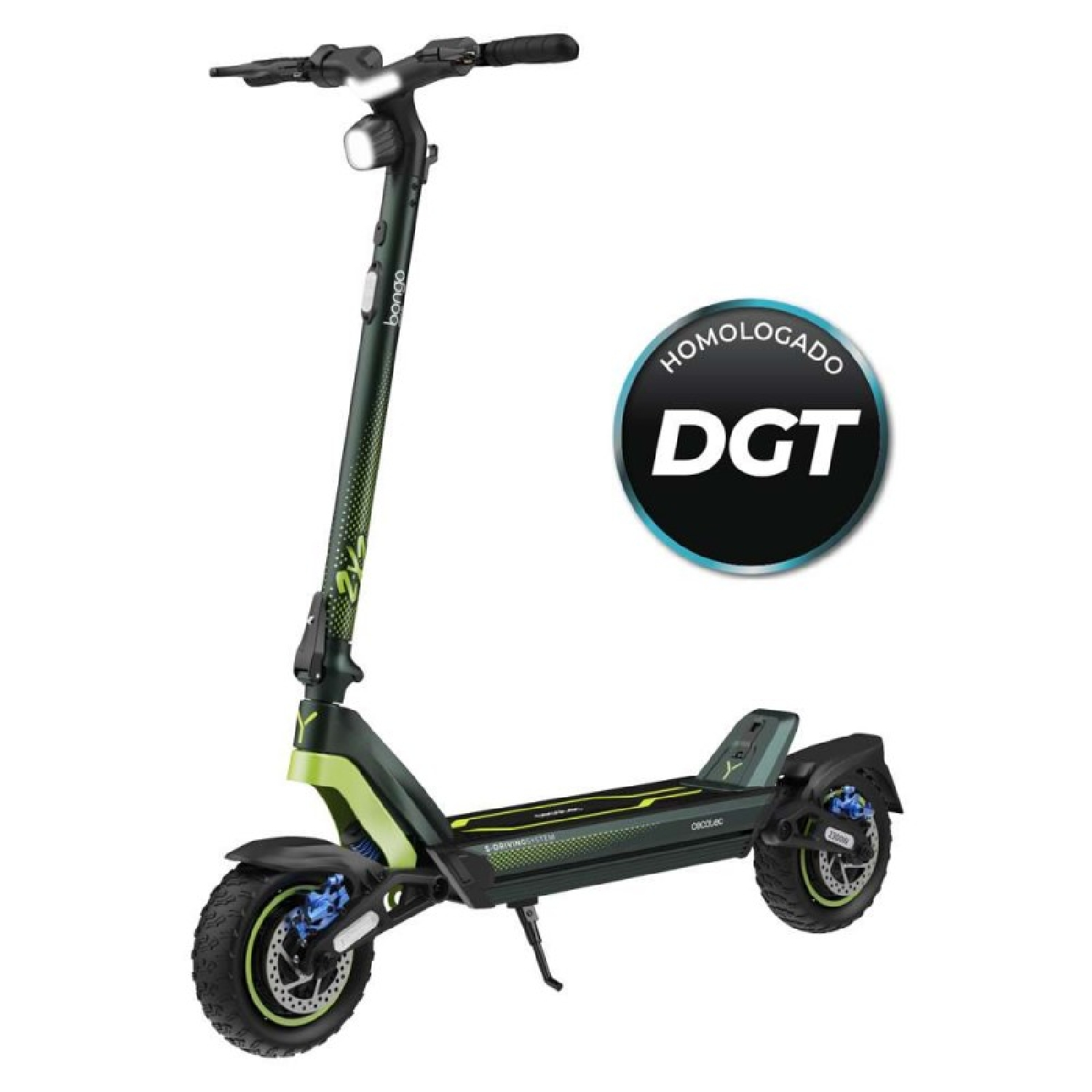 Un patinete eléctrico verde y negro con una pegatina de homologación DGT. Vista frontal.