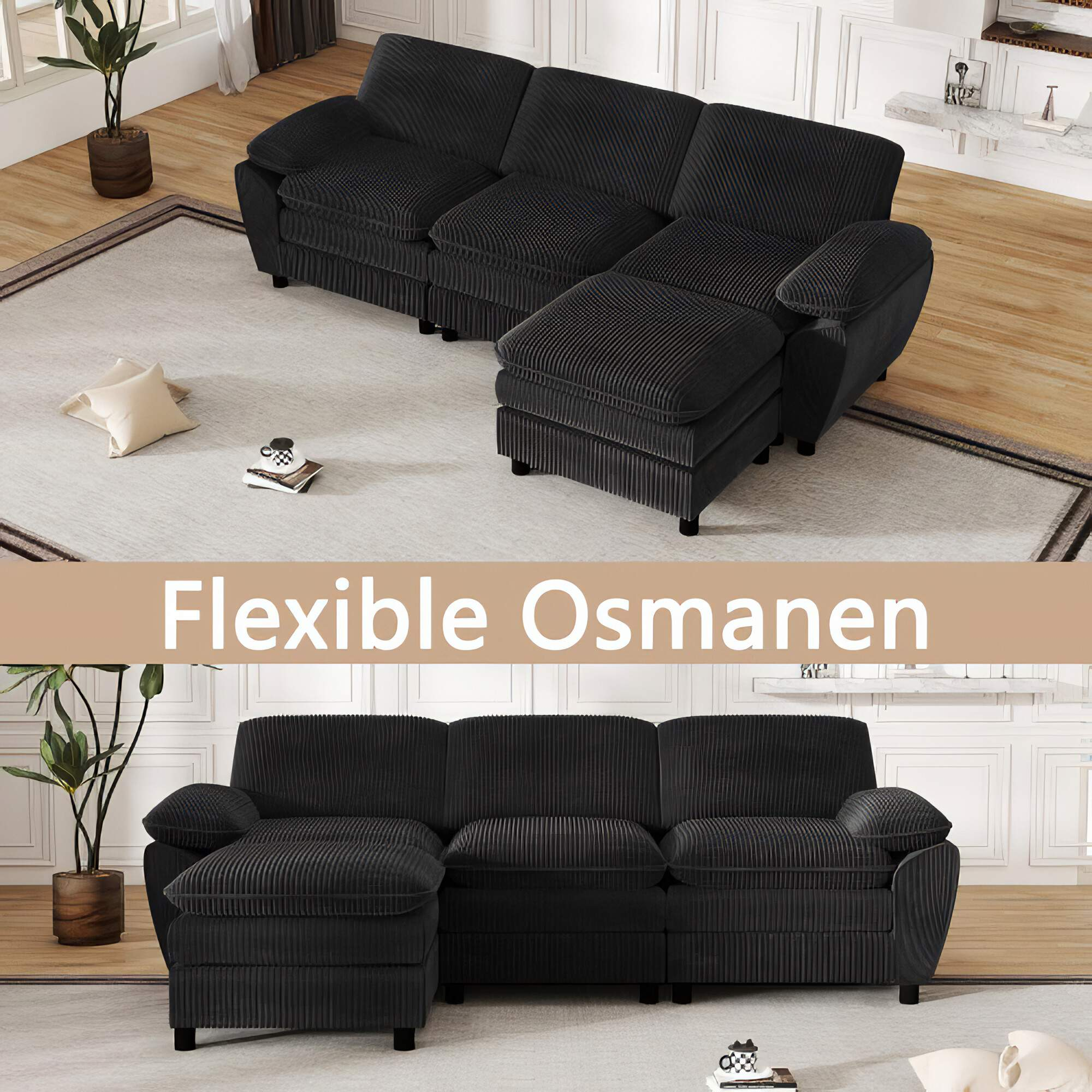 Zwei Bilder eines schwarzen Ecksofas mit Chaiselongue. Das Sofa steht auf einem hellgrauen Teppich in einem Raum.