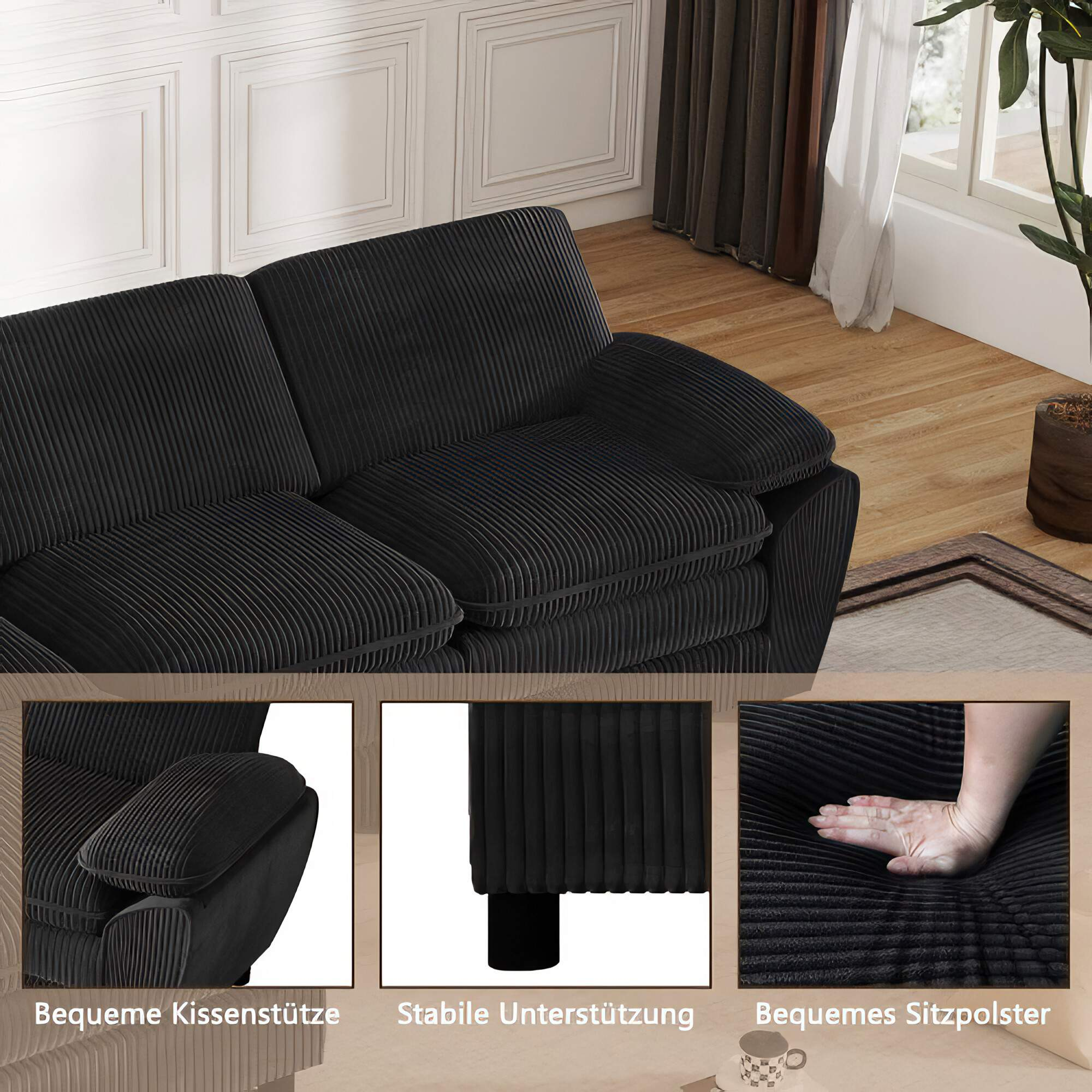 Nahaufnahme der Details eines schwarzen Cord-Sofas. Zeigt Kissen und Beine.