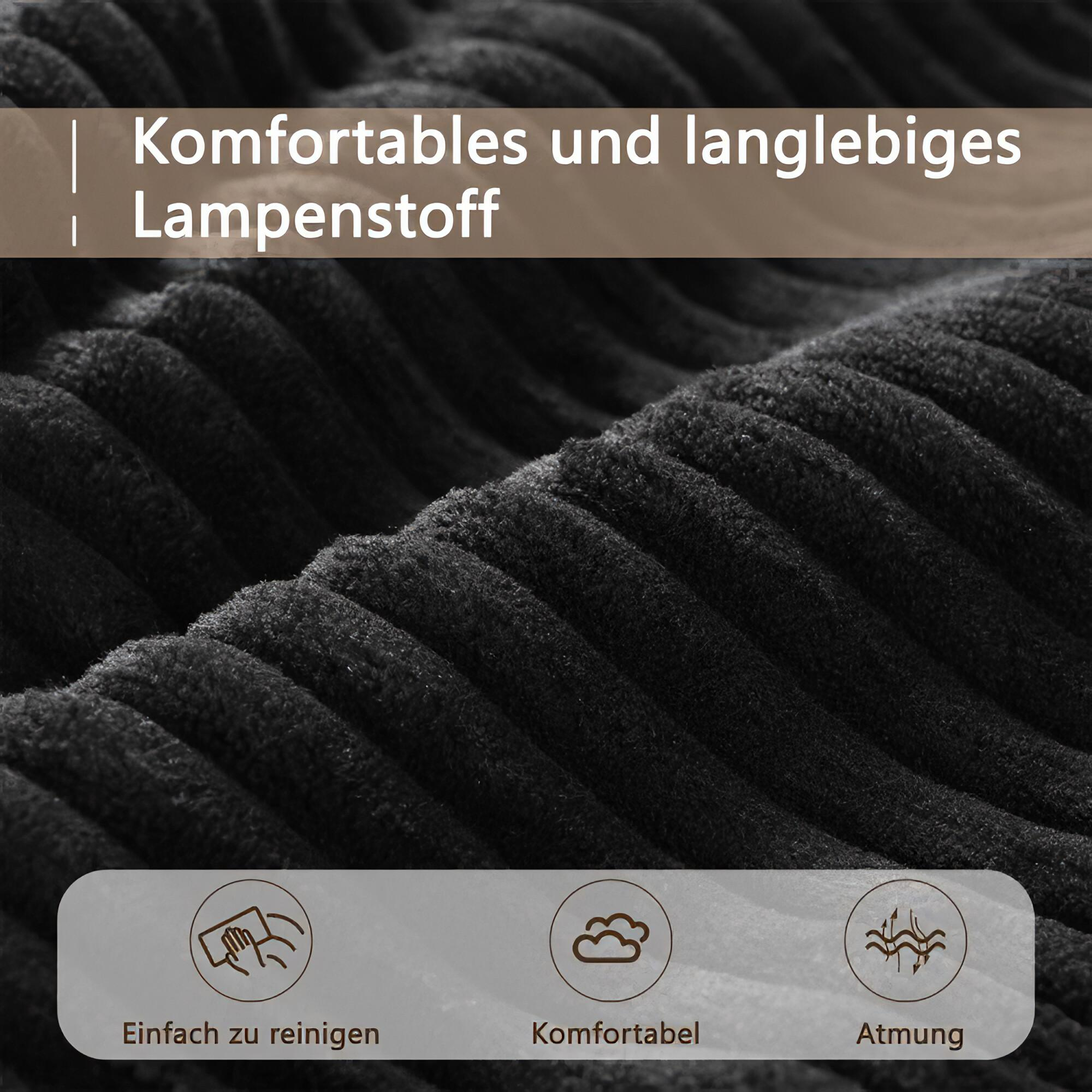 Nahaufnahme von schwarzem, strukturiertem Stoff. Drei Symbole weisen auf einfache Reinigung, Komfort und Atmungsaktivität hin.