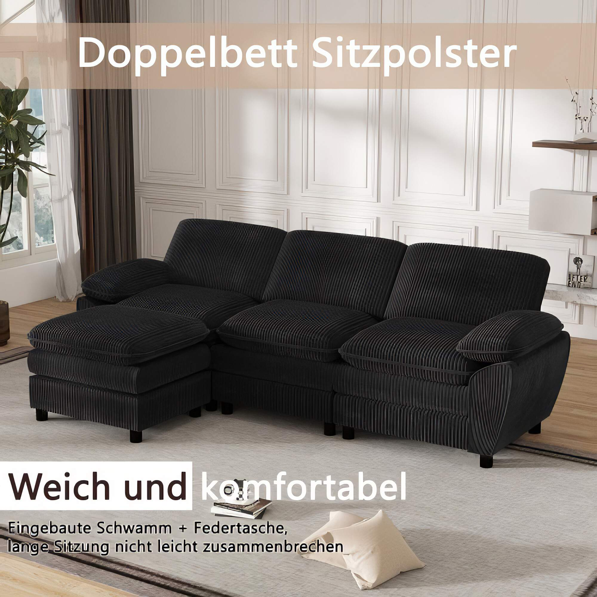 Ein schwarzes Ecksofa mit Chaiselongue auf einem Teppich. Text: 'Weich und komfortabel'.