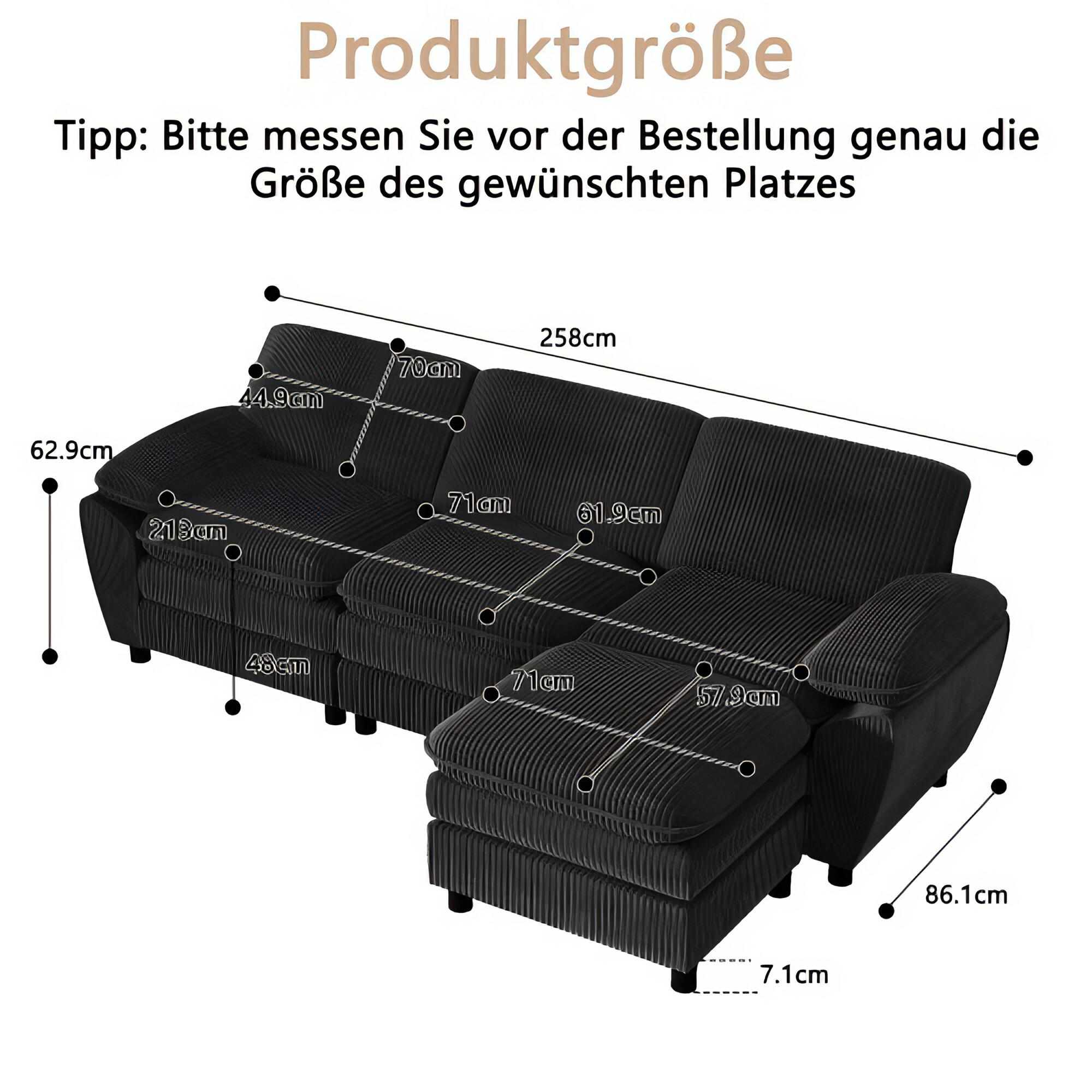 Diagramm eines schwarzen Ecksofas mit Abmessungen in Zentimetern.