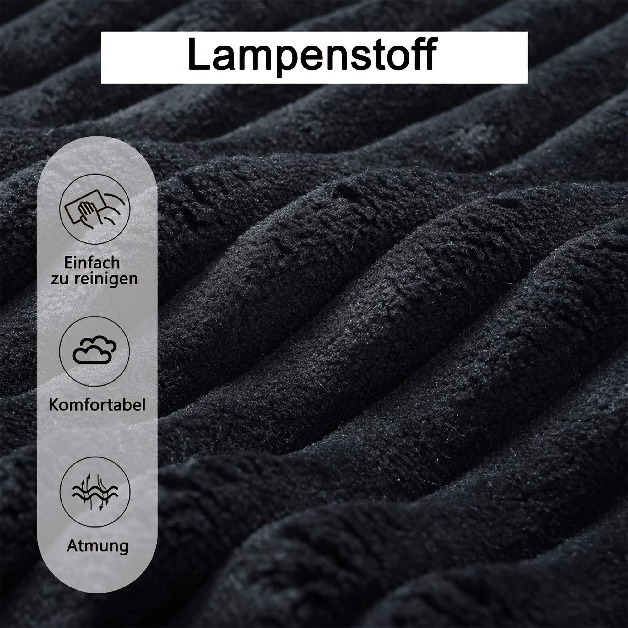 Nahaufnahme eines schwarzen, strukturierten Stoffes. Er hat drei Symbole für einfache Reinigung, Komfort und Atmungsaktivität.