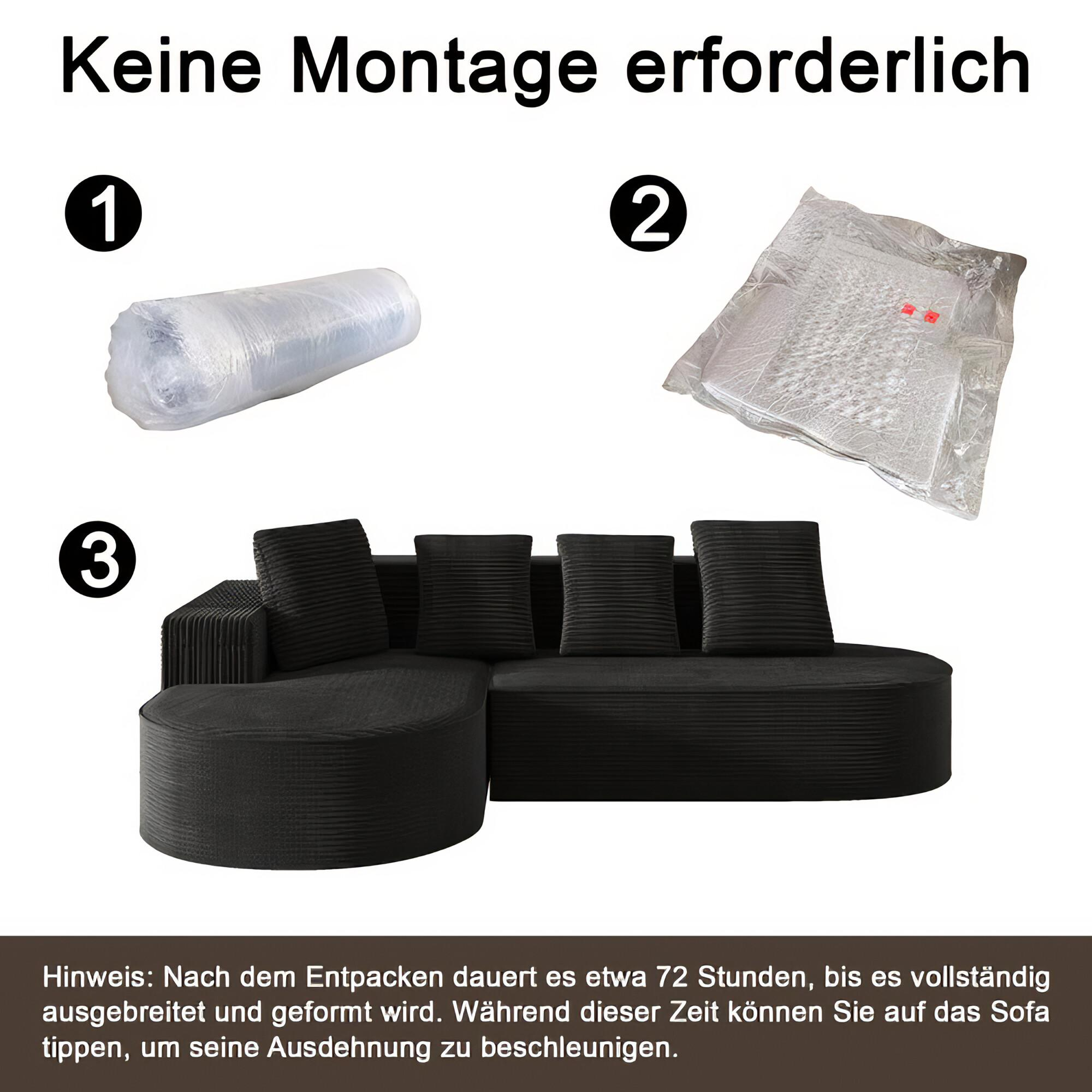 Das Bild zeigt, wie das Sofa verpackt ist und keine Montage erfordert. Text auf Deutsch.
