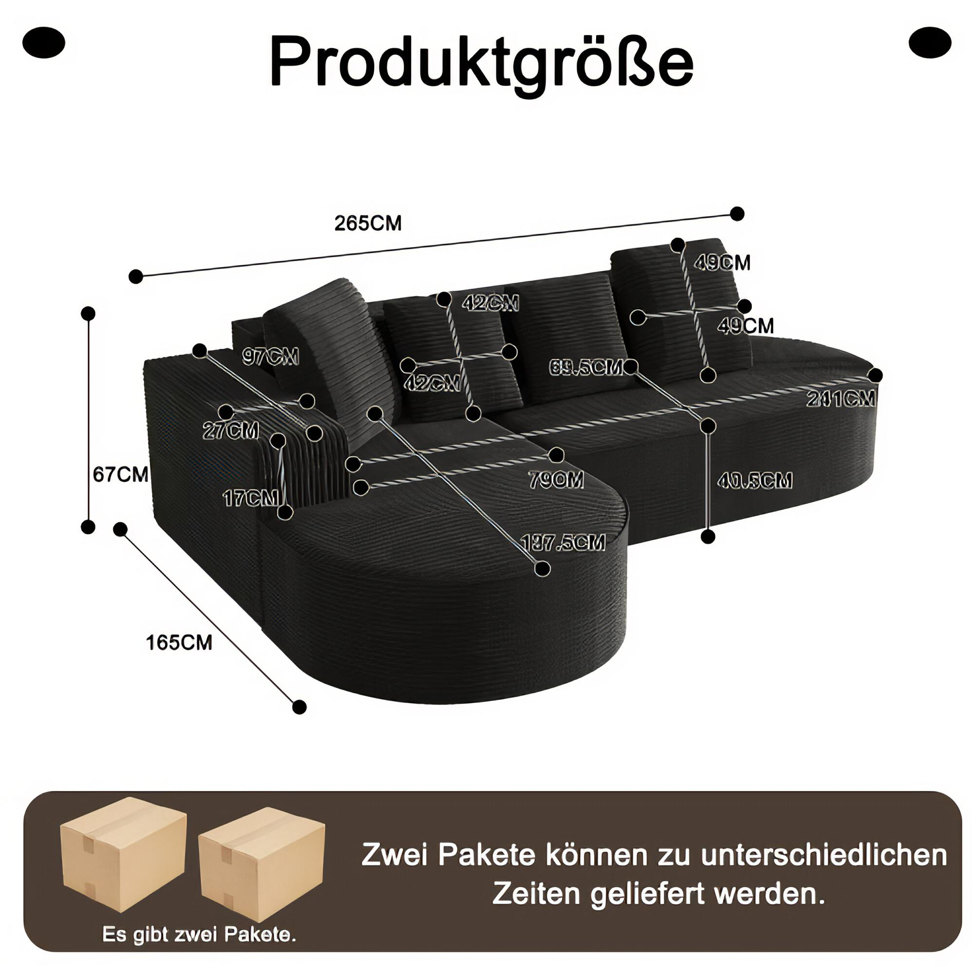 Diagramm eines schwarzen Ecksofas mit Abmessungen in cm und zwei Kartons unten.