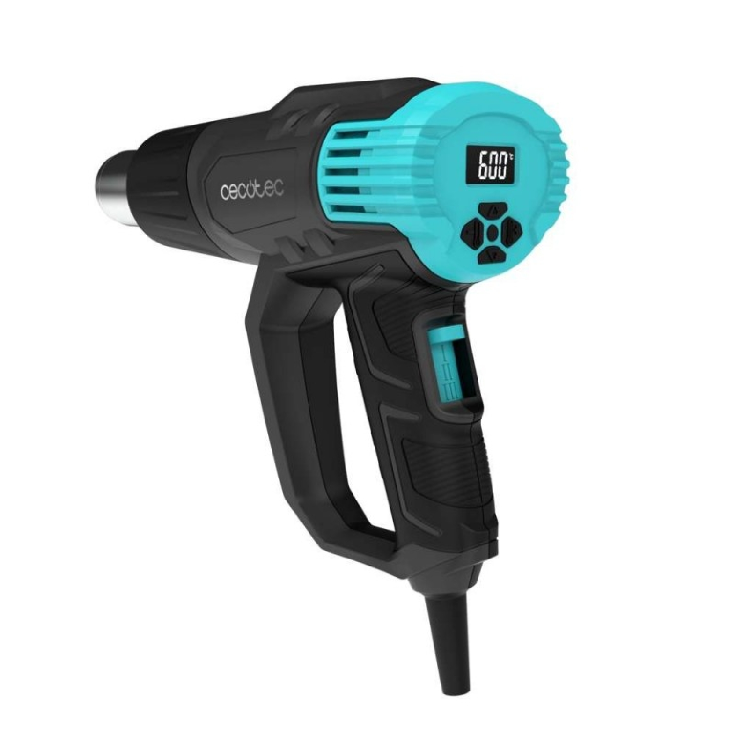 Pistola termica nera e verde acqua con display digitale che mostra '600'. Isolato su sfondo bianco.