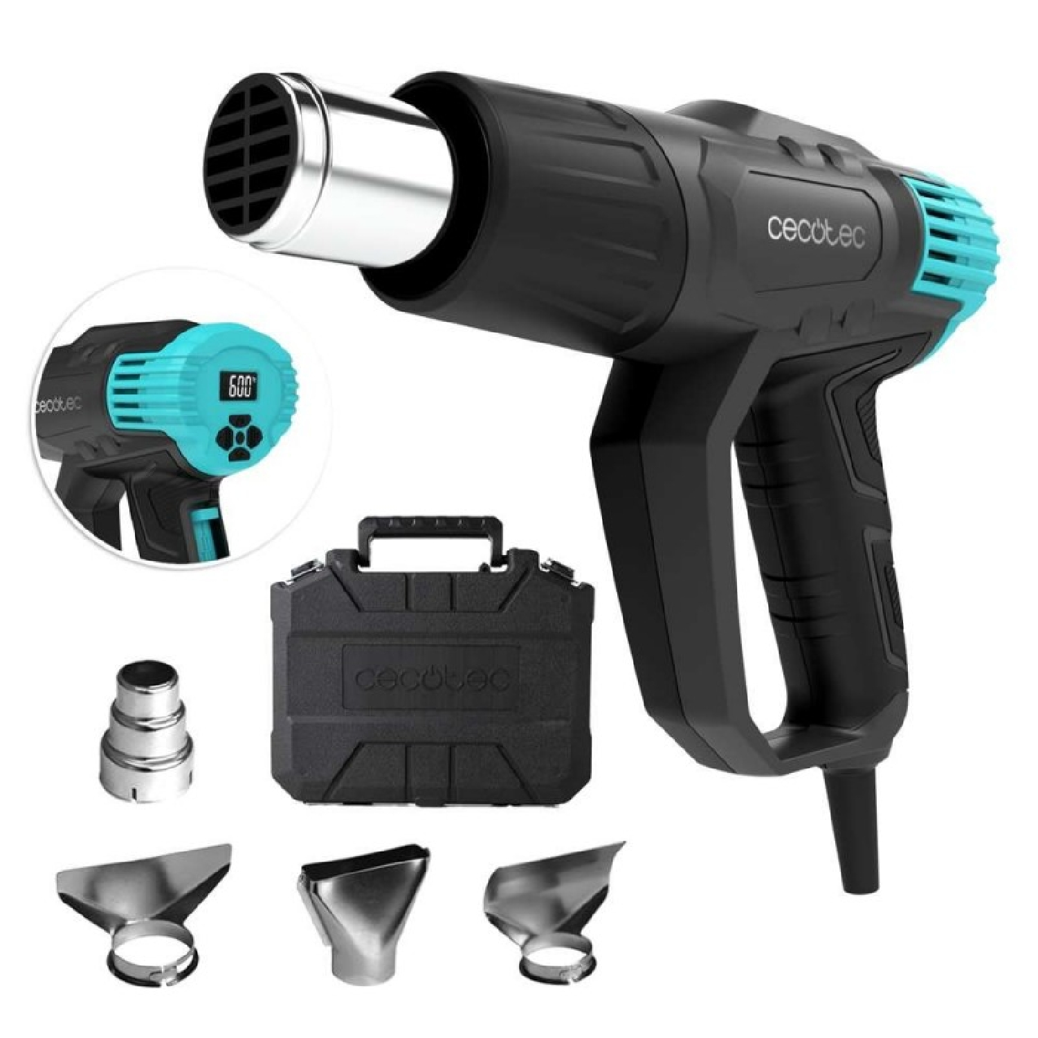 Una pistola termica nera con dettagli blu e accessori. Viene mostrata anche una custodia nera.