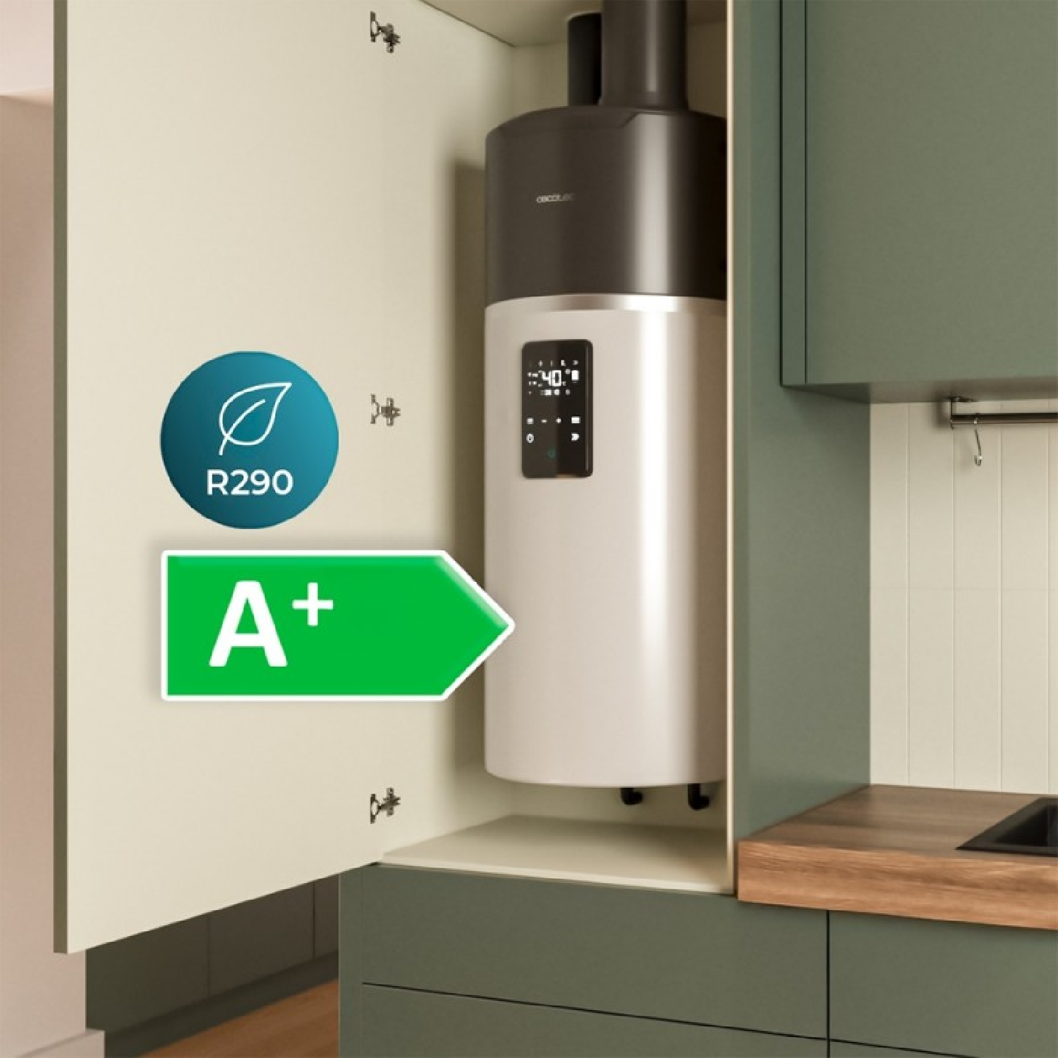 Calentador de agua en un armario de cocina con una etiqueta de eficiencia energética A+.