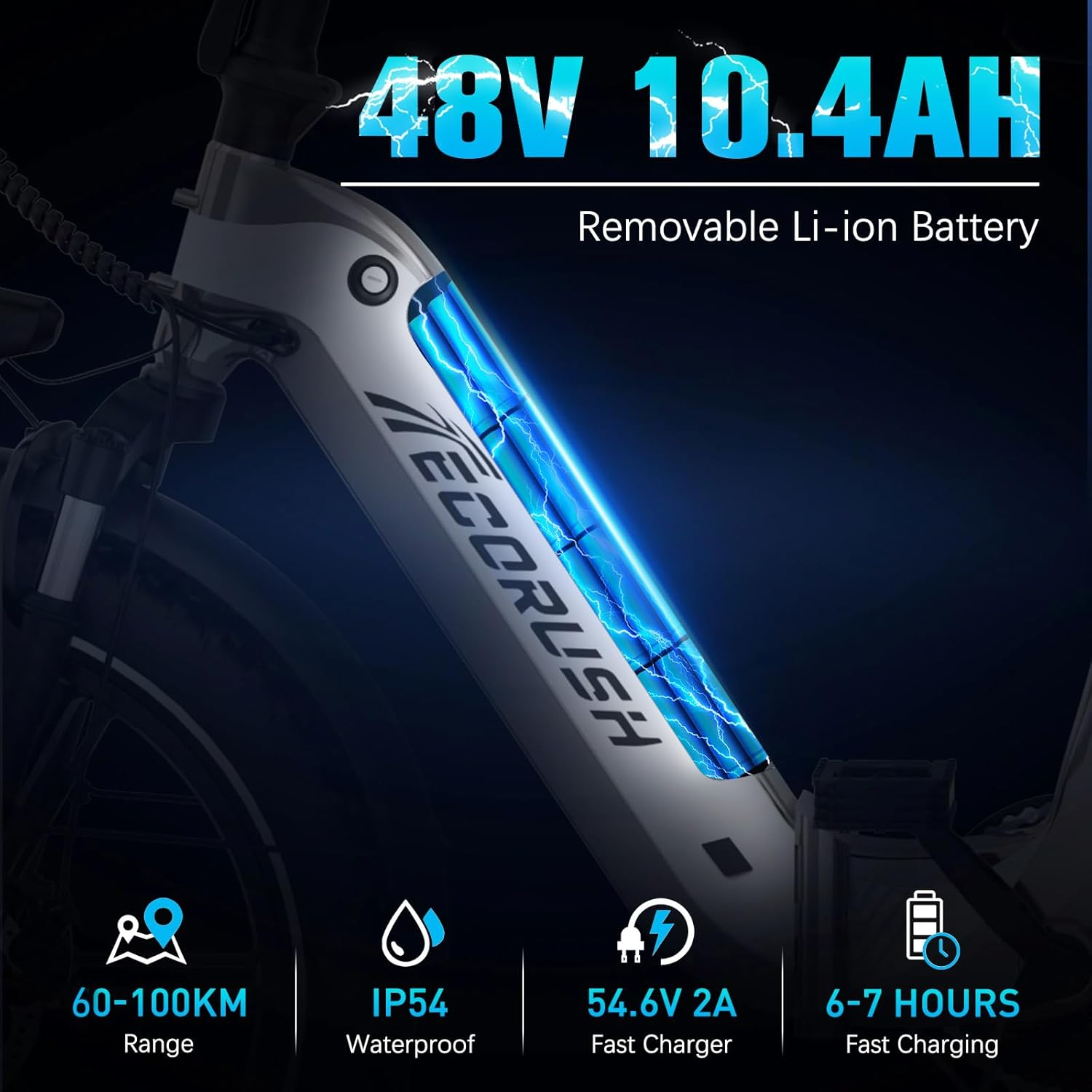 Un vélo électrique avec une batterie, avec du texte indiquant les spécifications, l'autonomie, l'étanchéité et les détails de charge.