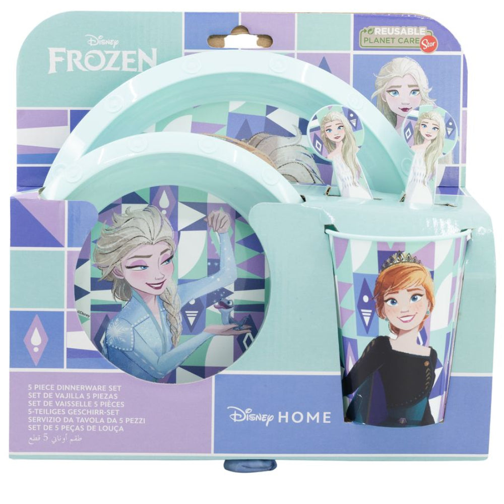 Ein Disney Frozen 5-teiliges Geschirrset in einer Box mit Elsa und Anna. Türkis und Weiß.