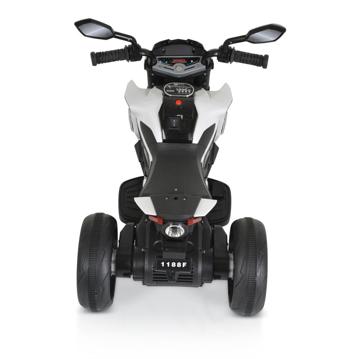 Ein Spielzeugmotorrad von vorne, mit weißem und schwarzem Farbschema.