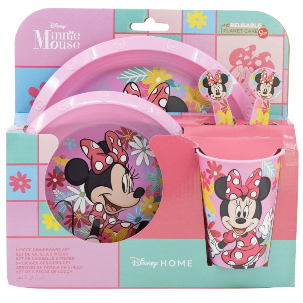 Minnie Maus Geschirrset. Rosa Teller, Schüssel, Becher und Besteck mit Minnie Maus Illustrationen.