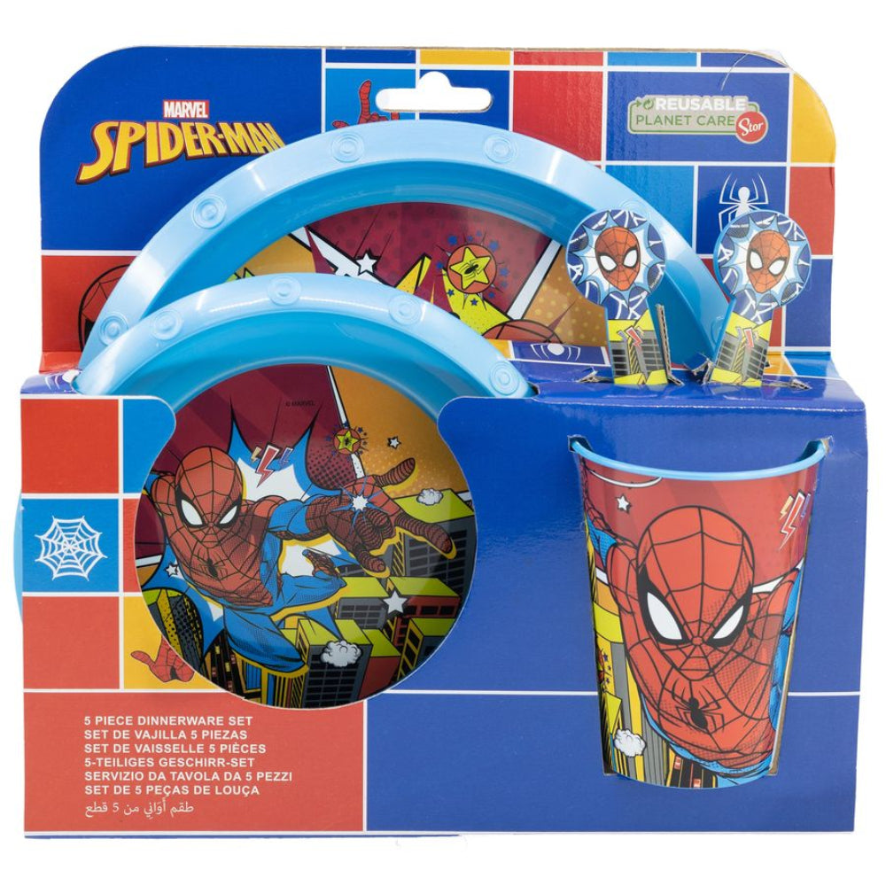 Ein Set von Spiderman-Geschirr in einer Schachtel, einschließlich Teller, Schalen und einer Tasse.