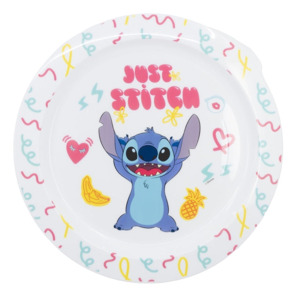 Piatto bianco con personaggio dei cartoni animati di Stitch, con disegni di banana, ananas e cuore.