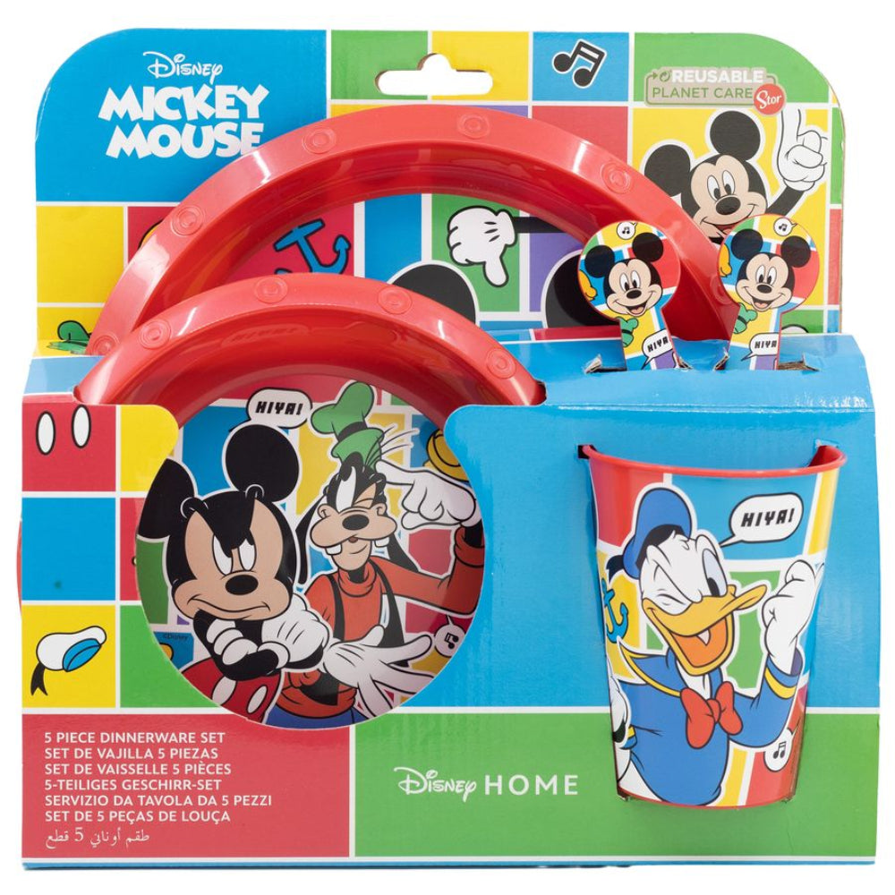 Mickey Mouse-Ess-Set: Teller, Schüssel, Becher und Verpackung mit Micky, Donald und Goofy.