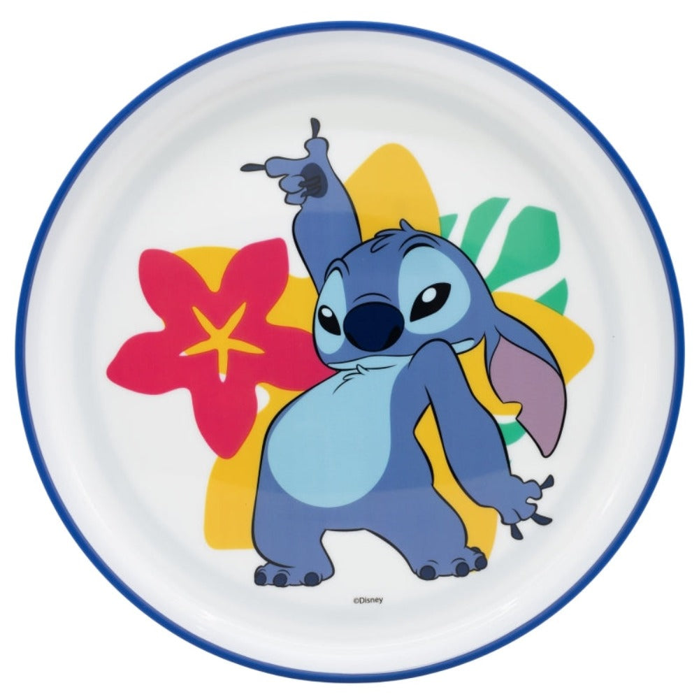 Un piatto con Stitch di Disney, l'alieno blu, in una posa dinamica su uno sfondo floreale.