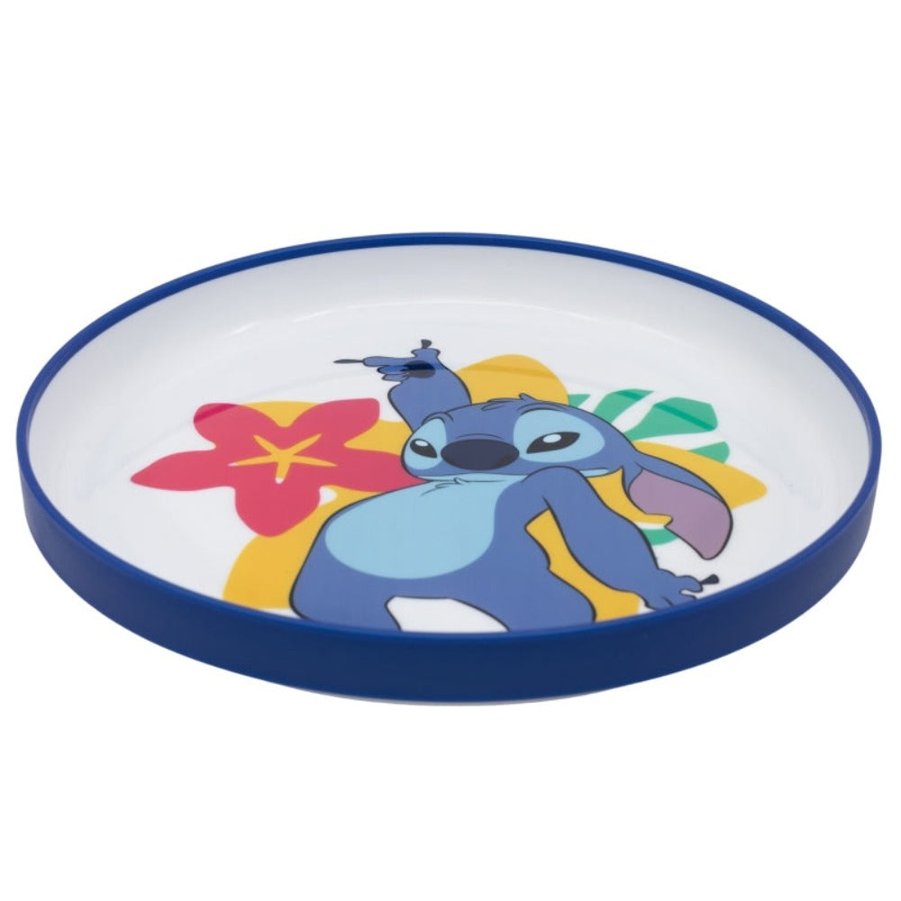Un piatto blu con un design del personaggio Stitch e decorazioni floreali.
