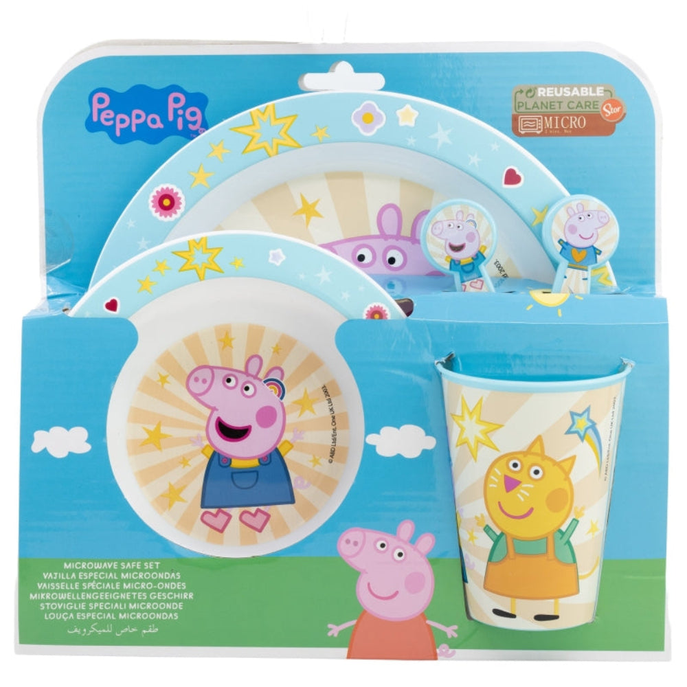 Servizio da tavola a tema Peppa Pig in una scatola. Include piatti, ciotola, tazza, forchetta e cucchiaio. Con i personaggi dei cartoni animati Peppa Pig.