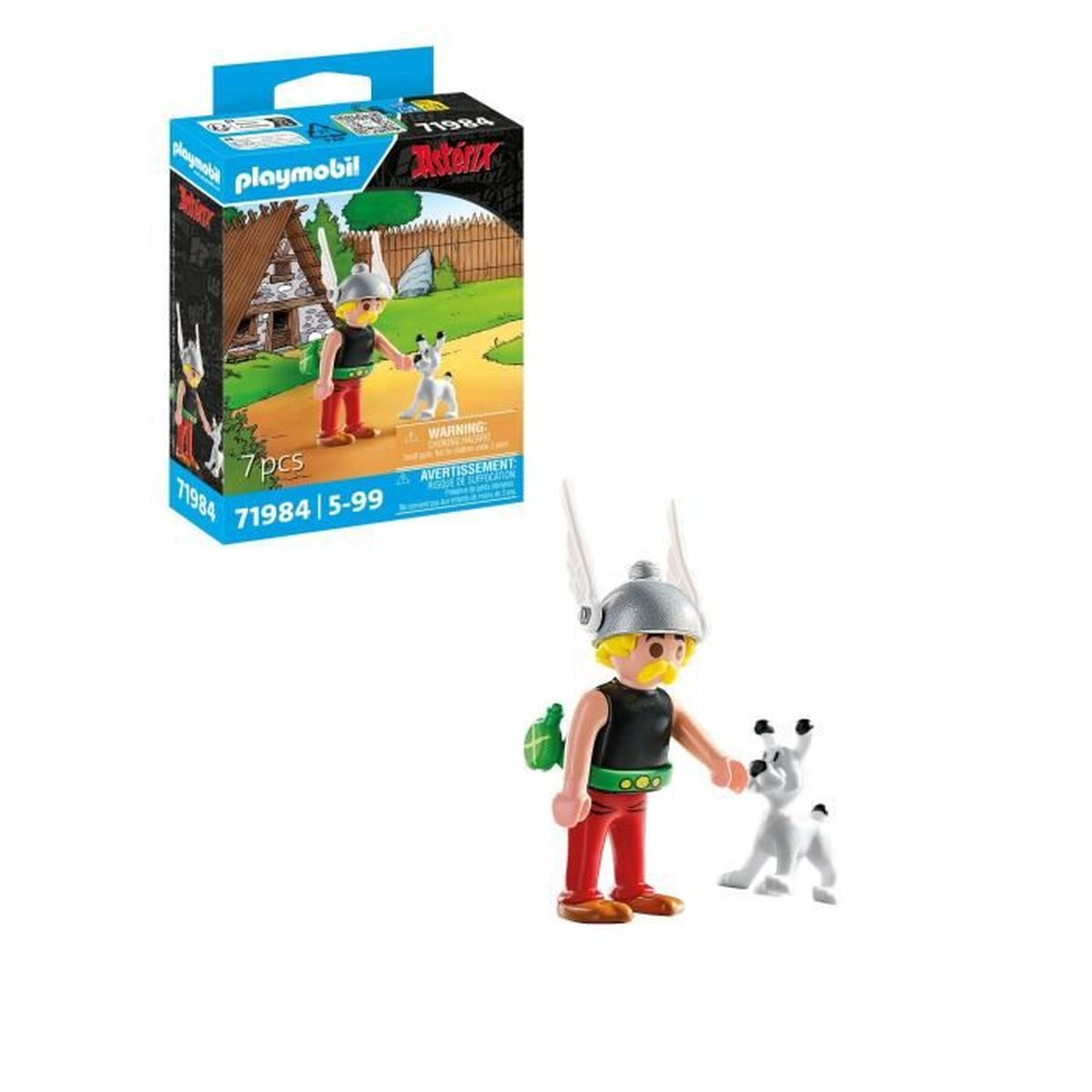 Zestaw Playmobil z Asterixem i jego psem. Zestaw zawiera dom, figurkę Asterixa i białego psa.
