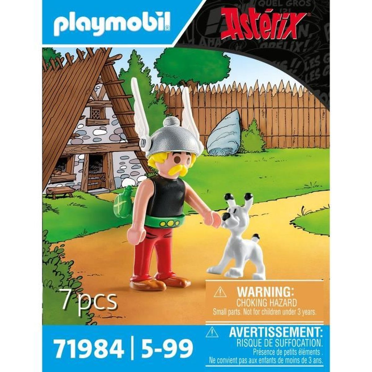 Zestaw zabawek Playmobil z Asterixem i jego psem. Tło przedstawia dom, drzewo i płot. Zestaw jest w pudełku.