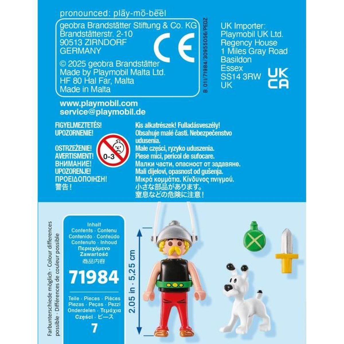 Pudełko Playmobil z Asterixem i jego psem. Pudełko ma rysunek Asterixa i jego psa z przodu.